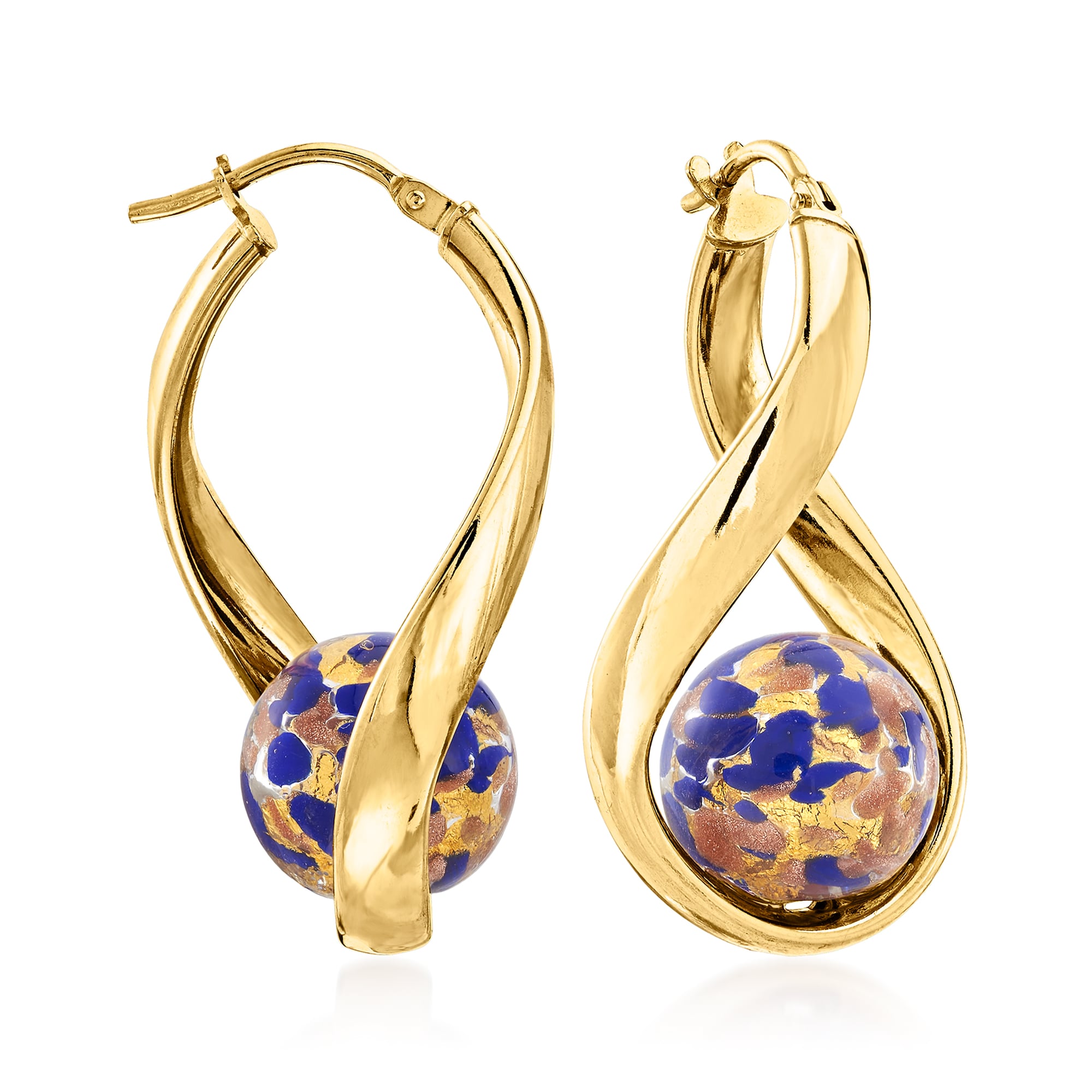 product photo of Italian Blue Murano Glass Bead Twisted Hoop Earrings in 18kt Gold Over Sterling
