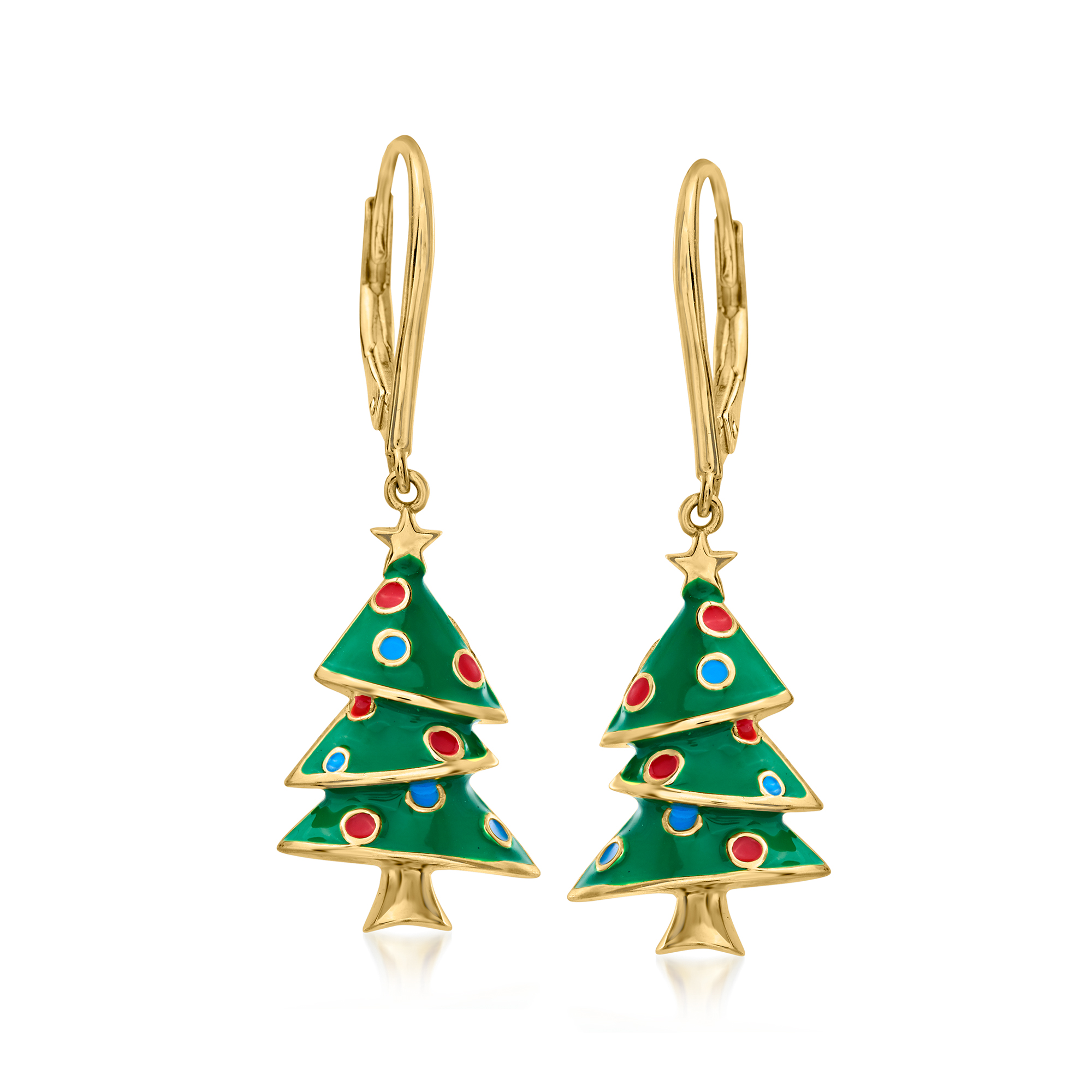 product photo of Multicolored Enamel Christmas Tree Drop Earrings in 18kt Gold Over Sterling