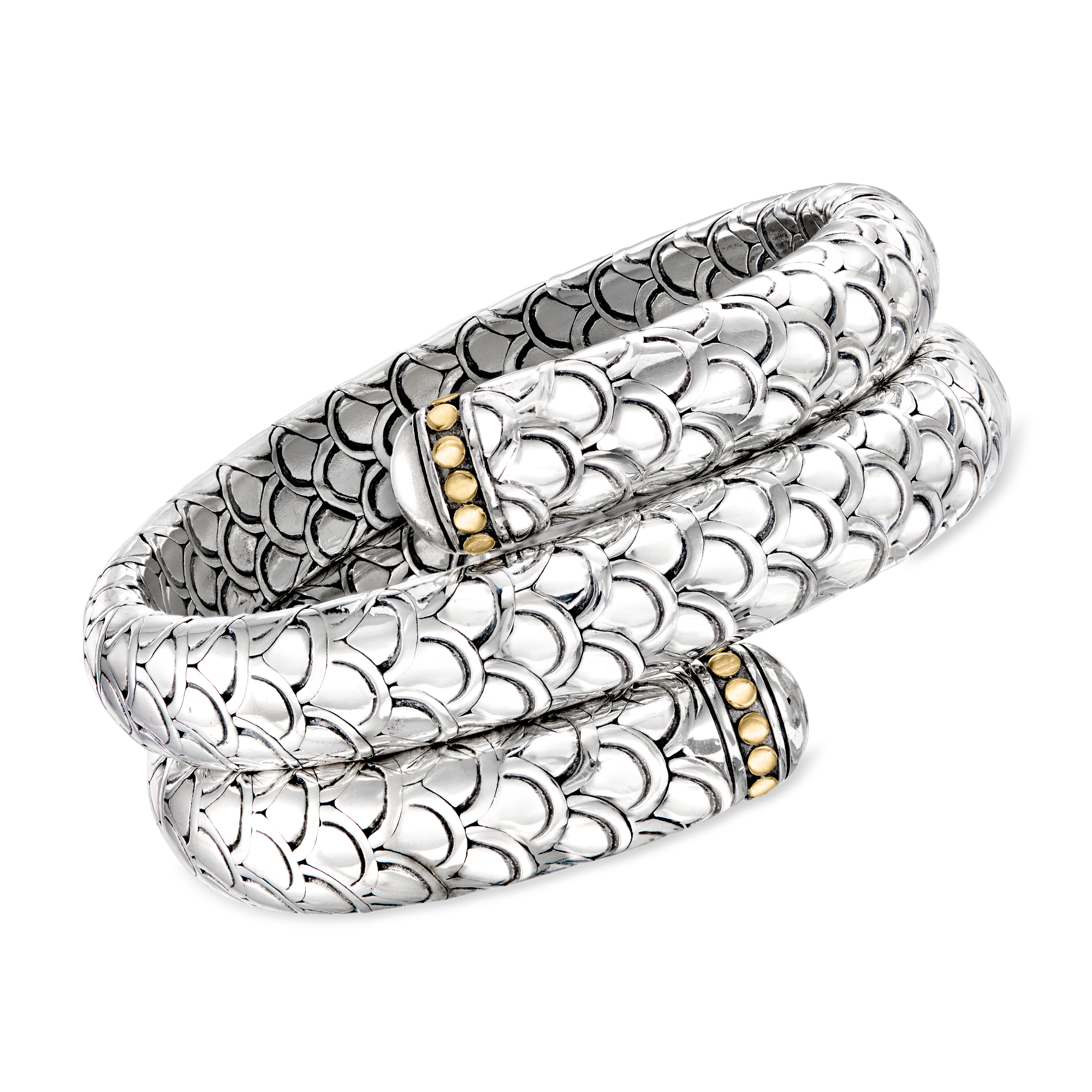 C 1990 Vintage John Hardy Sterling Silver Scale-Pattern Coiled Bangle Bracelet with 18kt Yellow Gold 896$