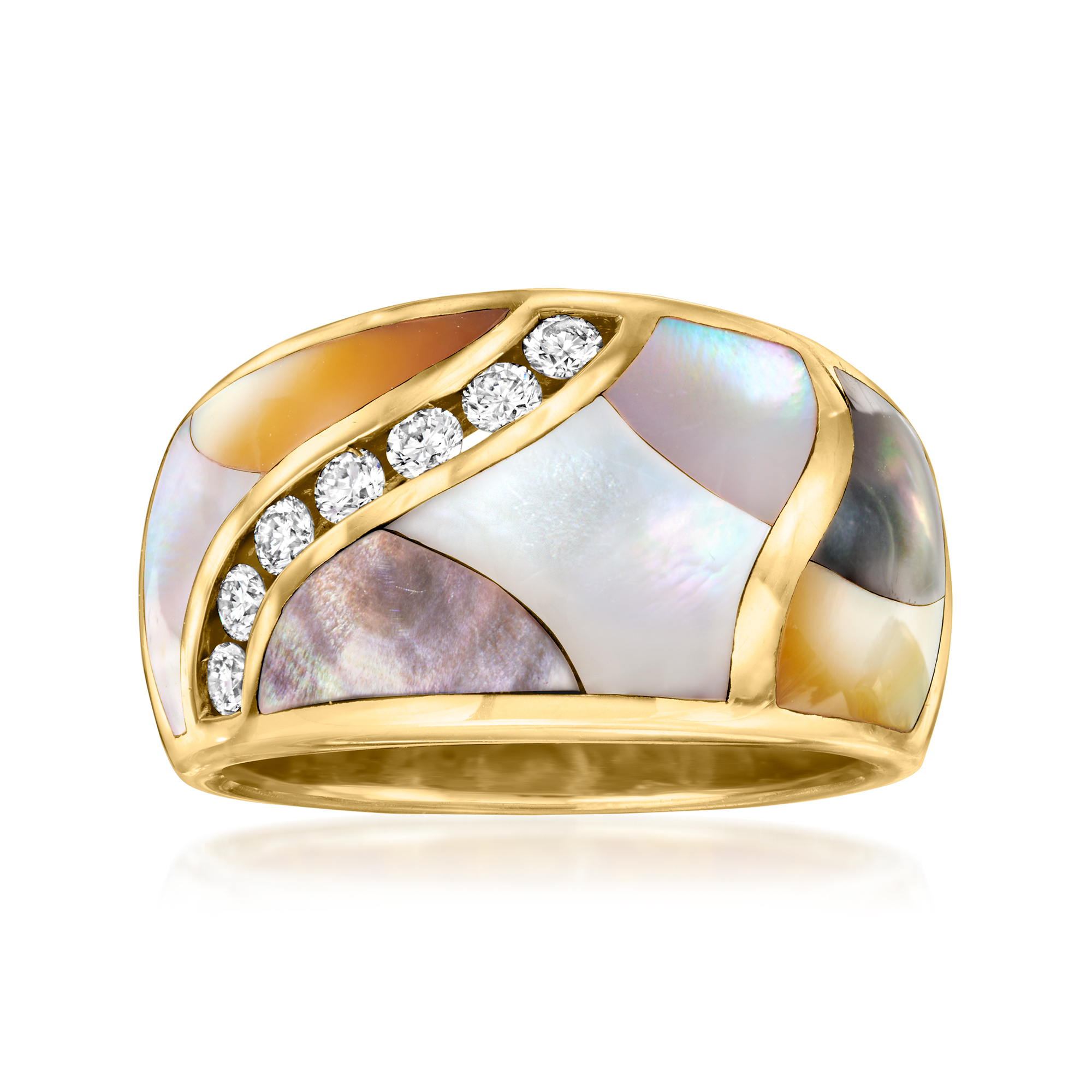 C. 1990 Vintage Asch Grossbardt Multicolored Mother-of-Pearl and .30 ct. t.w. Diamond Wave Ring in 14kt Yellow Gold