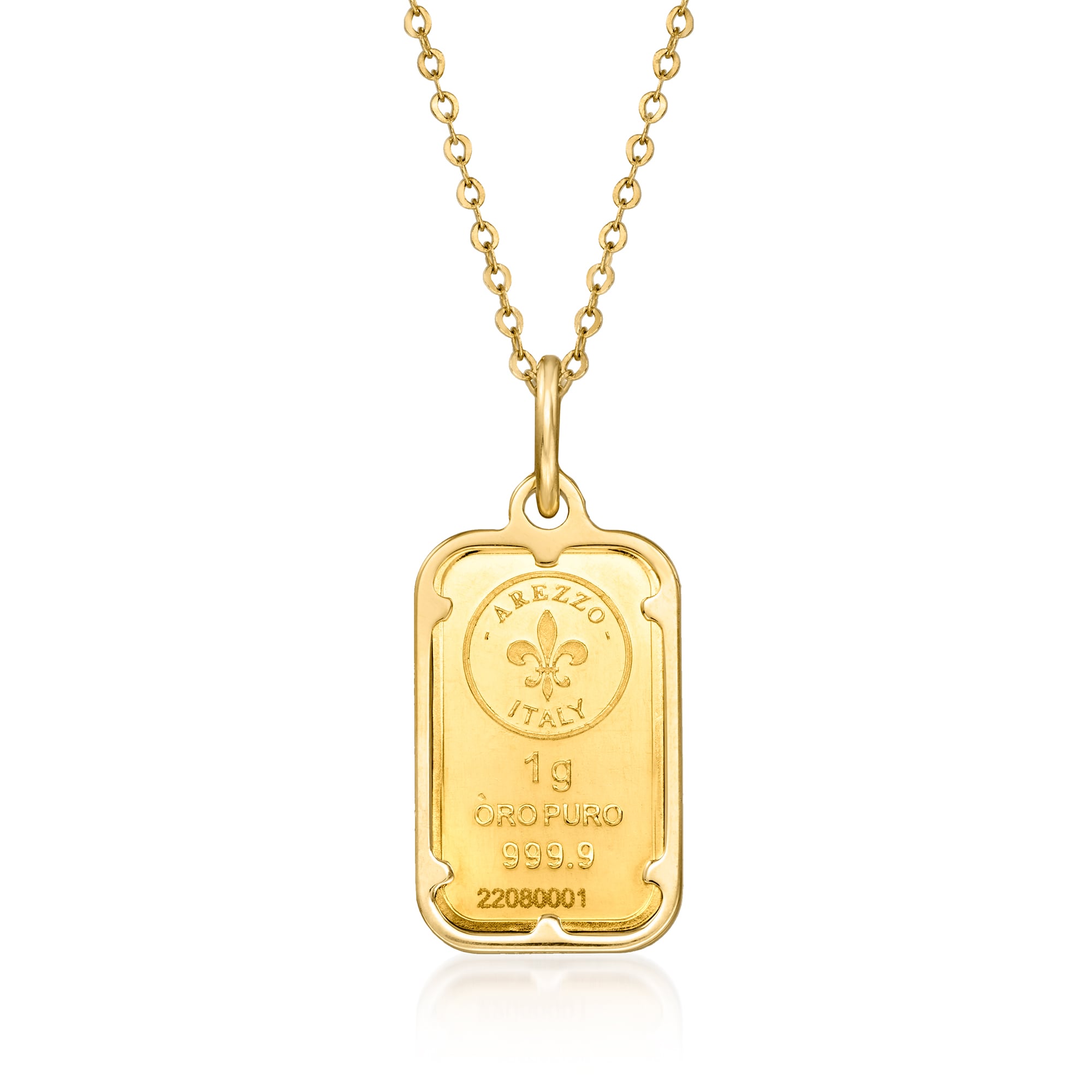 product photo of Italian 24kt Yellow Gold Fleur-De-Lis One-Gram Ingot Pendant Necklace with 14kt Yellow Gold Frame