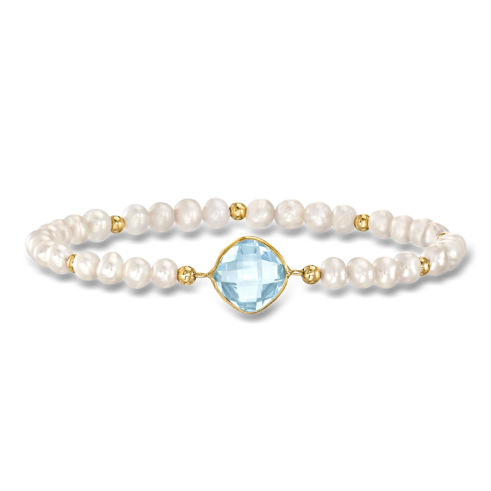 product photo of 4.60 Carat Sky Blue Topaz and 4-5mm Cultured Pearl Bracelet in 14kt Yellow Gold