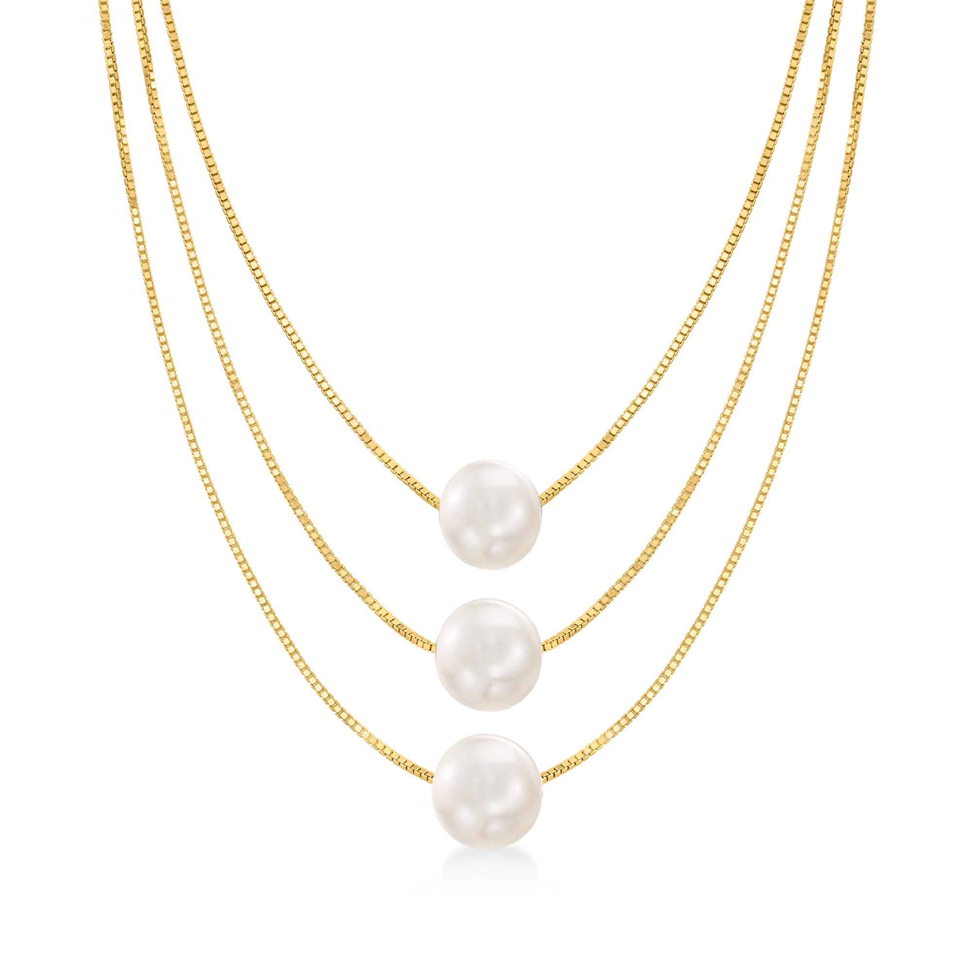 9-9.5mm Cultured Pearl Three-Strand Layered Necklace in 18kt Gold