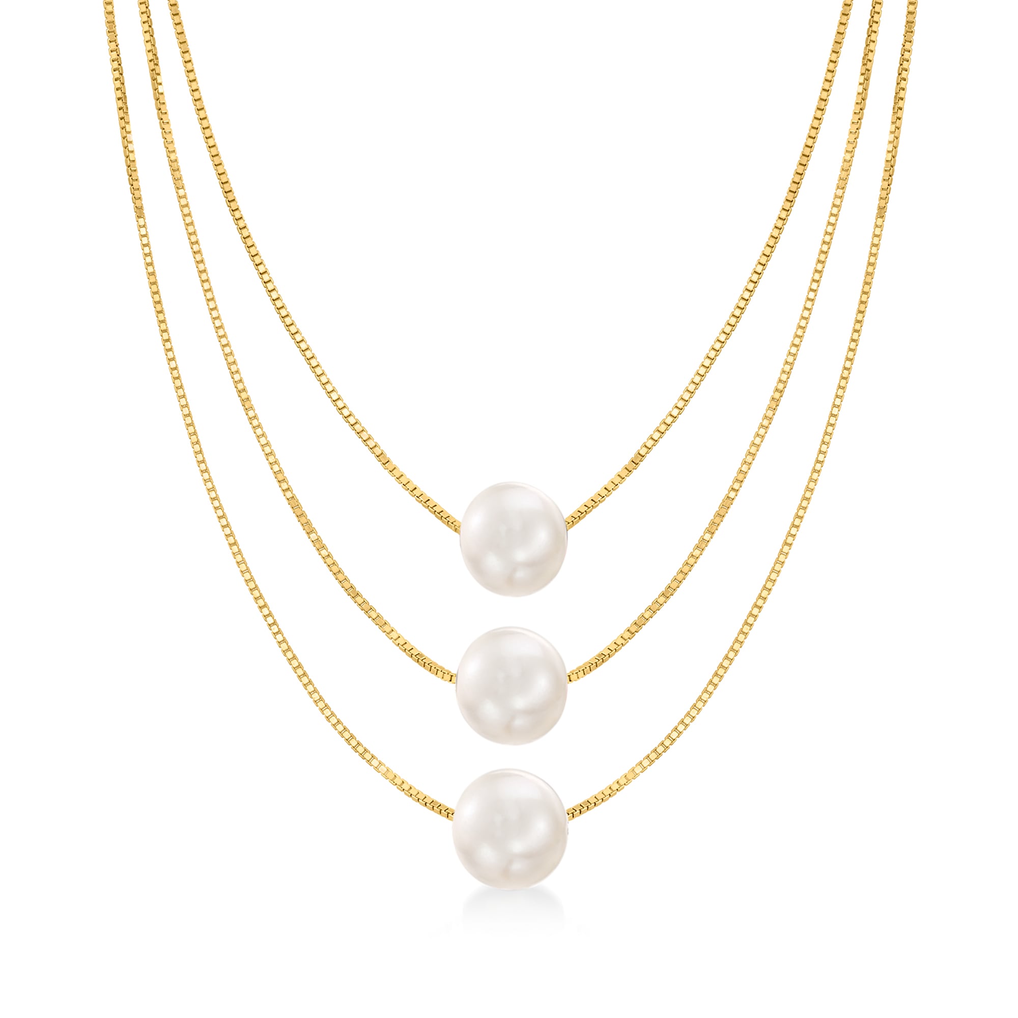 product photo of 9-9.5mm Cultured Pearl Three-Strand Layered Necklace in 18kt Gold Over Sterling