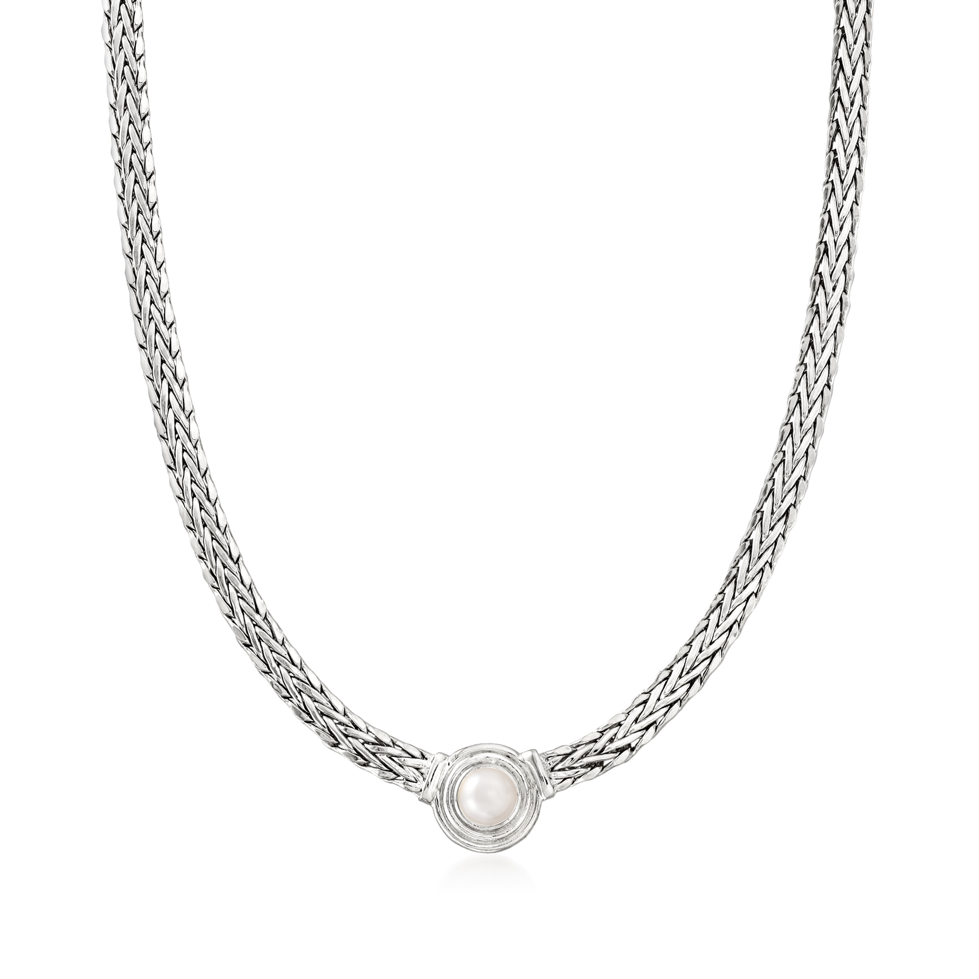 8mm Cultured Pearl Flat Wheat-Chain Necklace in Sterling Silver