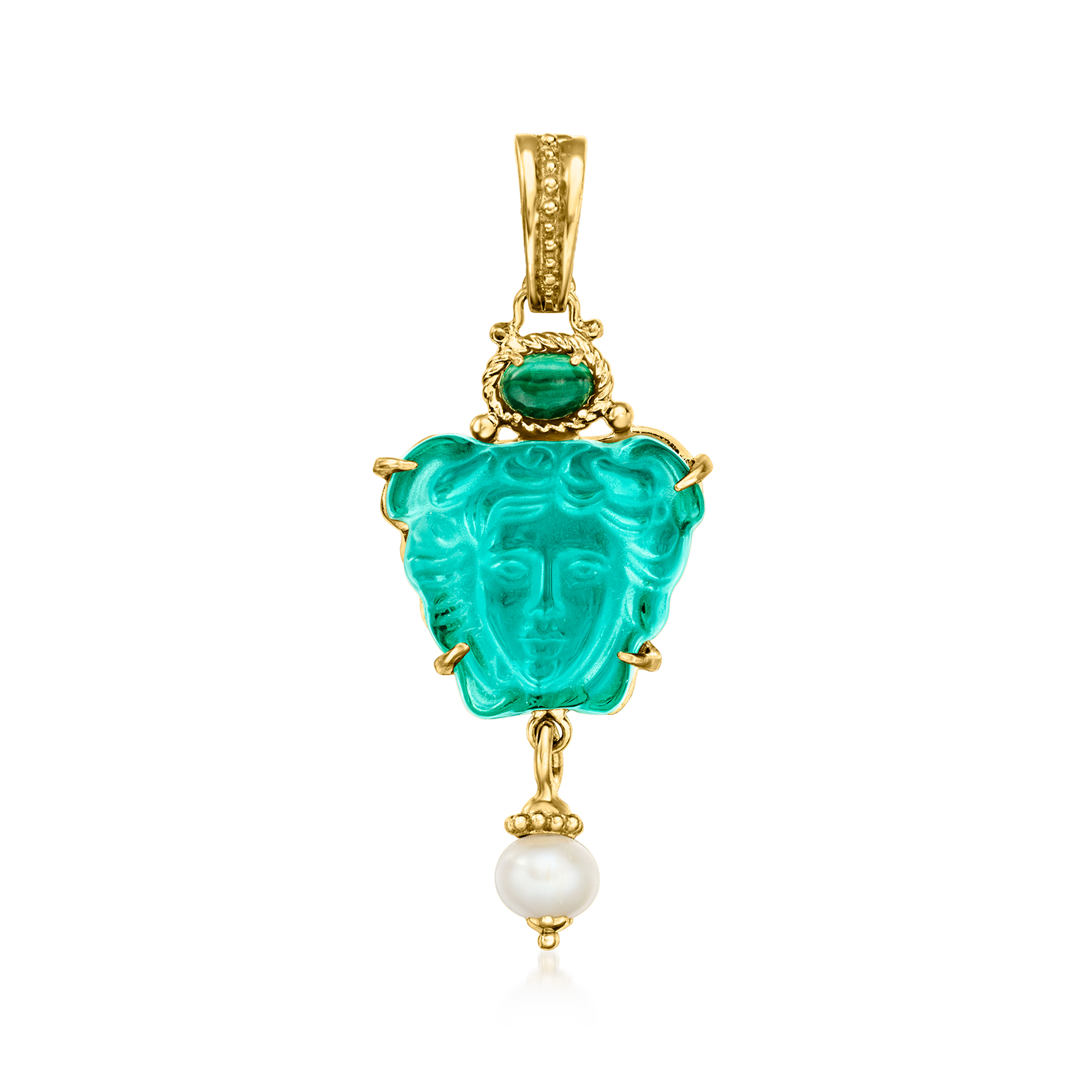 Italian Tagliamonte Green Venetian Glass Malachite and 75-8mm Cultured Pearl Medusa Pendant in 18kt Gold Over Sterling 175$