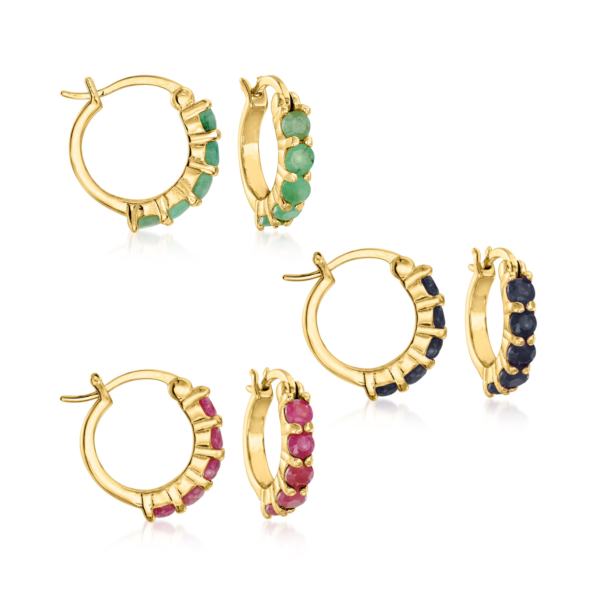 product photo of 2.60 ct. t.w. Ruby, Emerald and Sapphire Jewelry Set: Three Pairs of Huggie Hoop Earrings in 18kt Gold Over Sterling