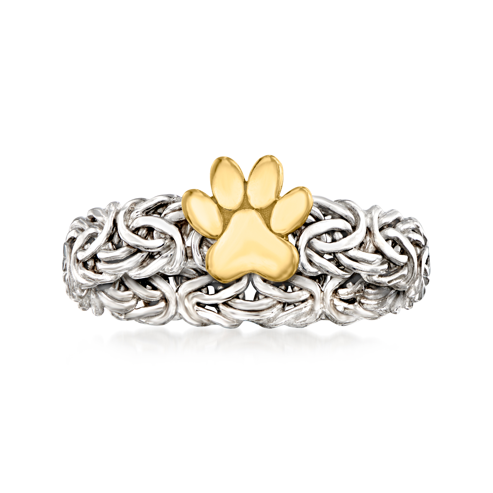 product photo of Sterling Silver and 14kt Yellow Gold Paw Print Byzantine Ring