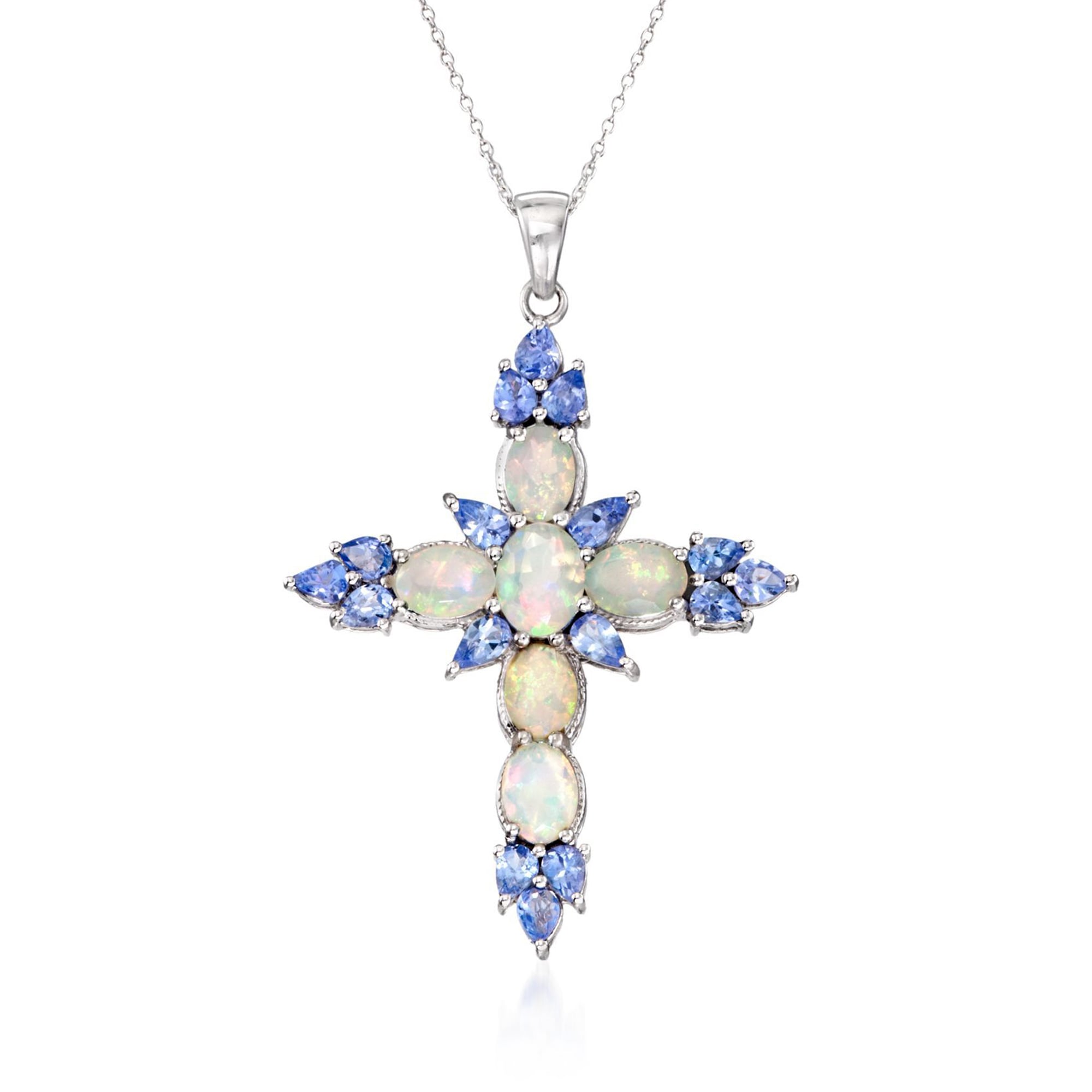 Ethiopian Opal and 1.90 ct. t.w. Tanzanite Cross Pendant Necklace
