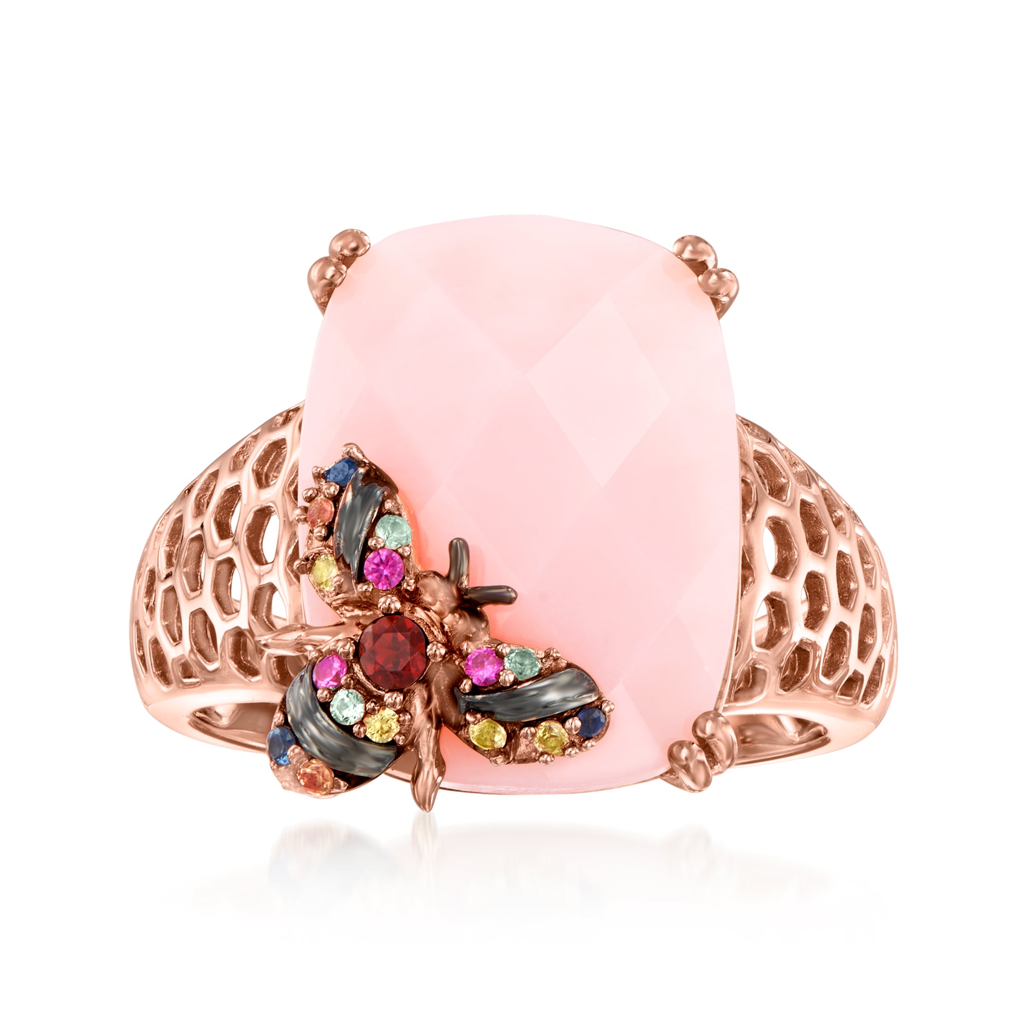 product photo of Pink Opal and .10 ct. t.w. Multicolored Sapphire Bumblebee Ring with Single Garnet in 18kt Rose Gold Over Sterling