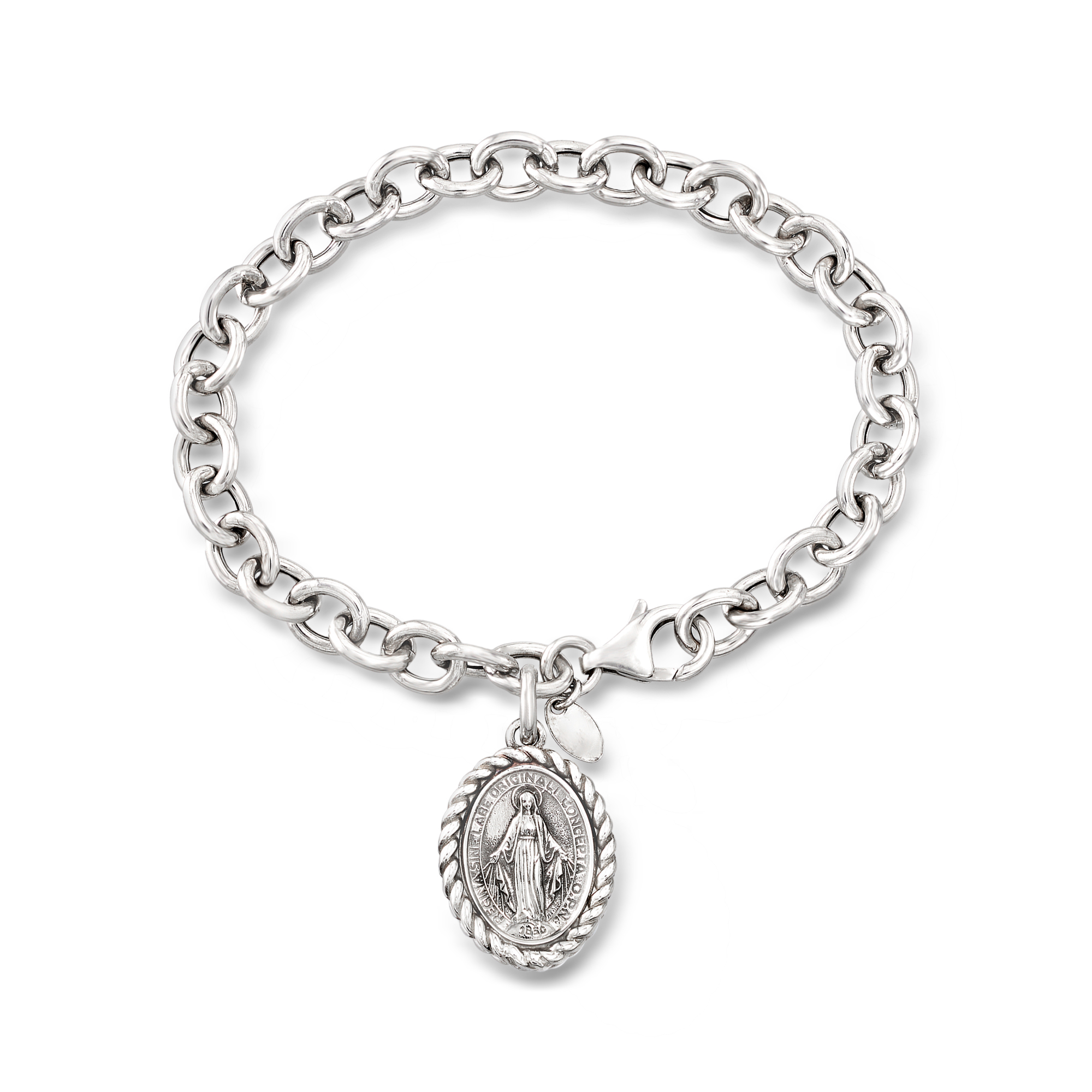 Italian Sterling Silver Miraculous Medal Charm Bracelet. 7&quot