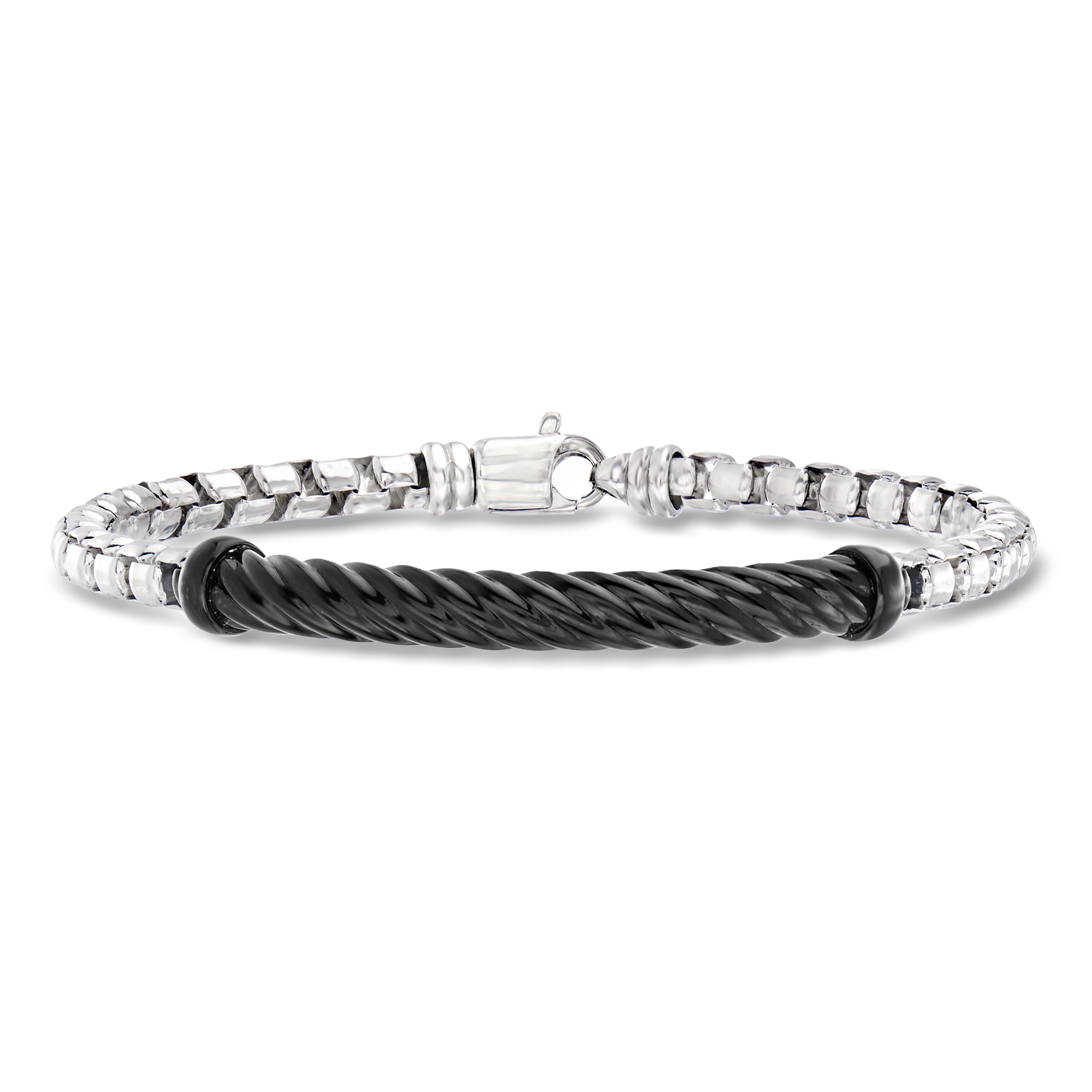 Phillip Gavriel Mens Italian Cable Sterling Silver Box-Chain Bracelet with Black Enamel 289$