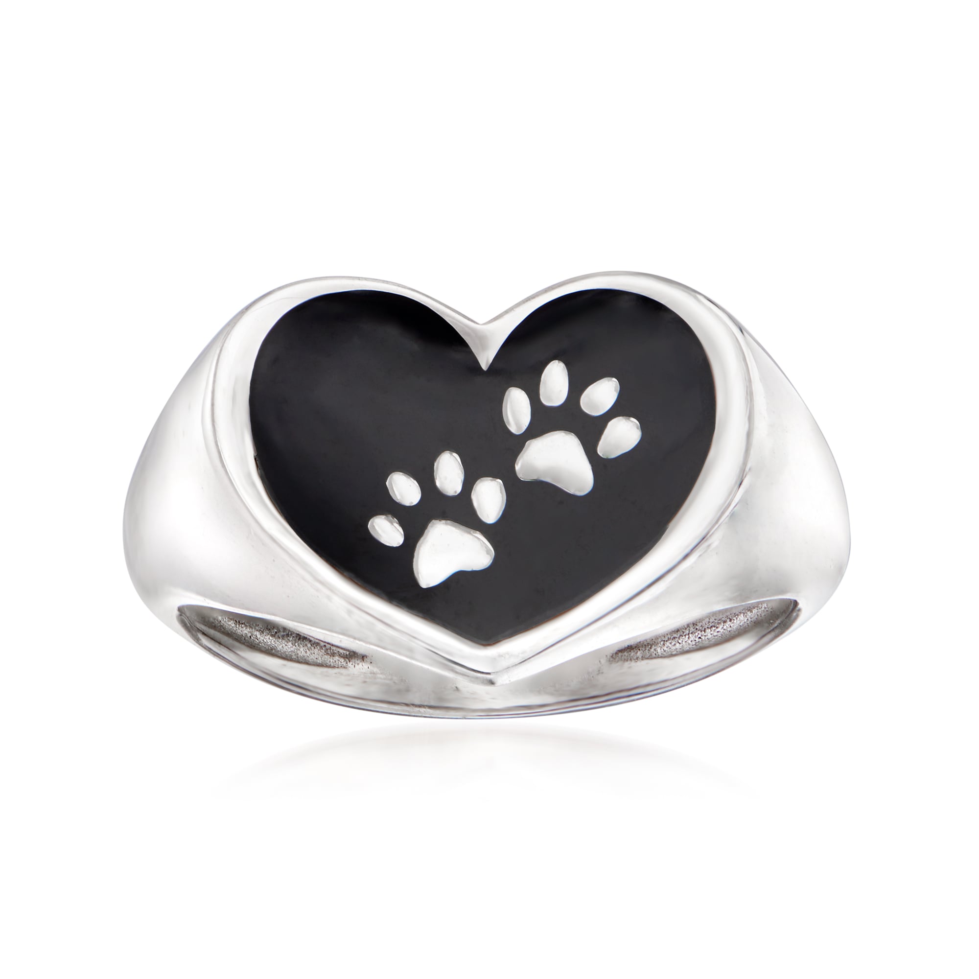 product photo of Italian Sterling Silver and Black Enamel Paw Print Heart Ring