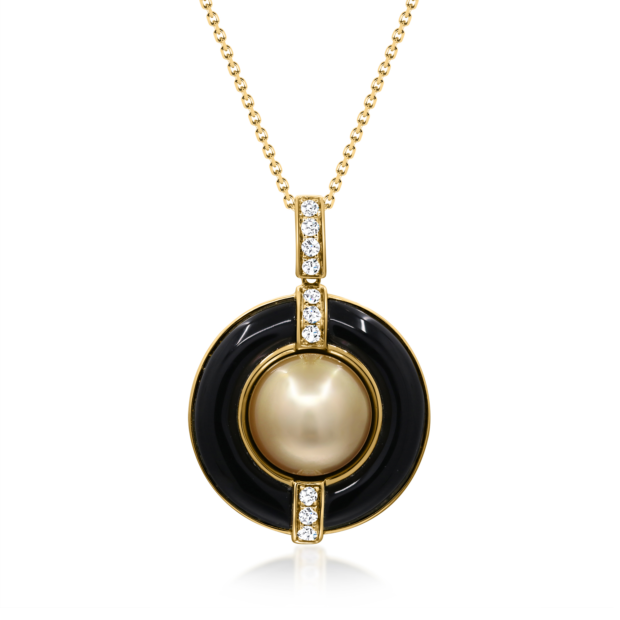 10-12mm Golden Cultured South Sea Pearl Pendant Necklace with Onyx and 16 ct tw Diamonds in 14kt Yellow Gold 2995$