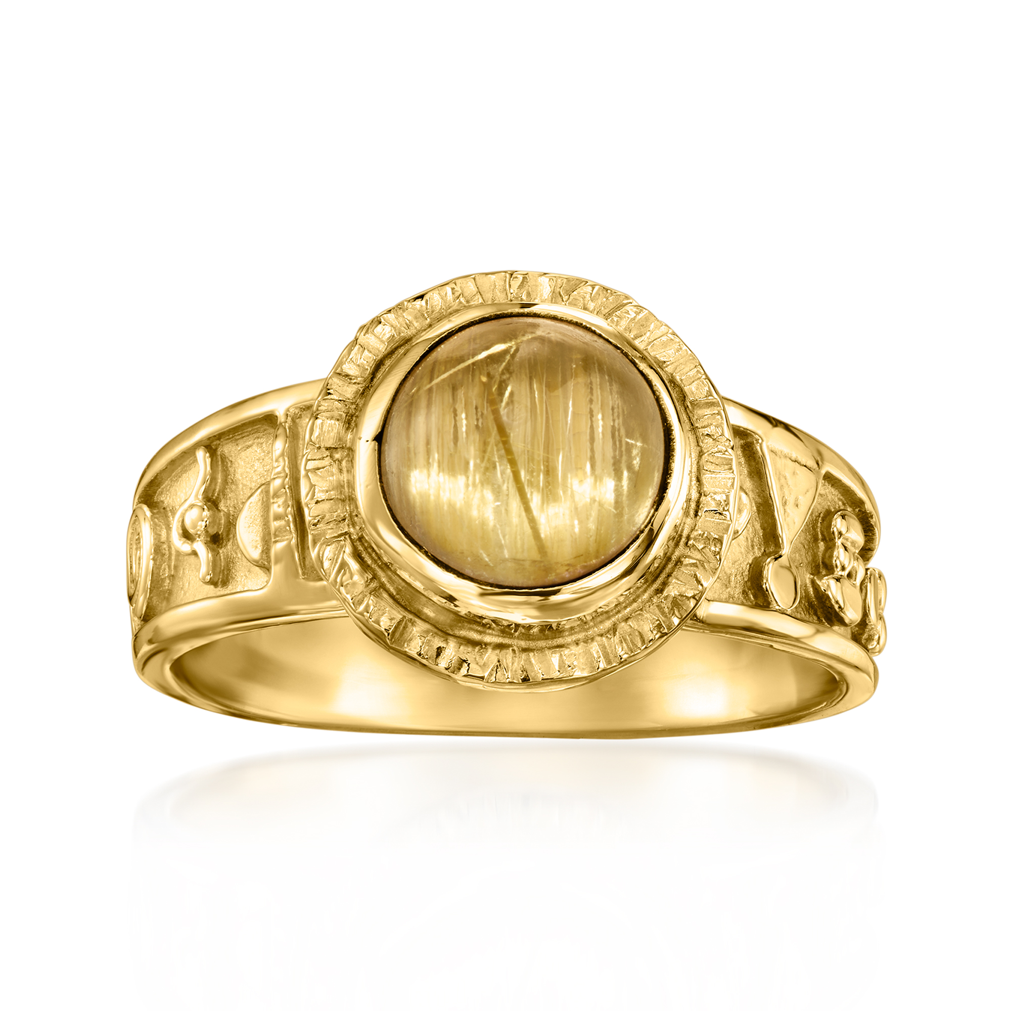 C. 1980 Vintage Golden Rutilated Quartz Hieroglyphics Ring in 18kt Yellow Gold
