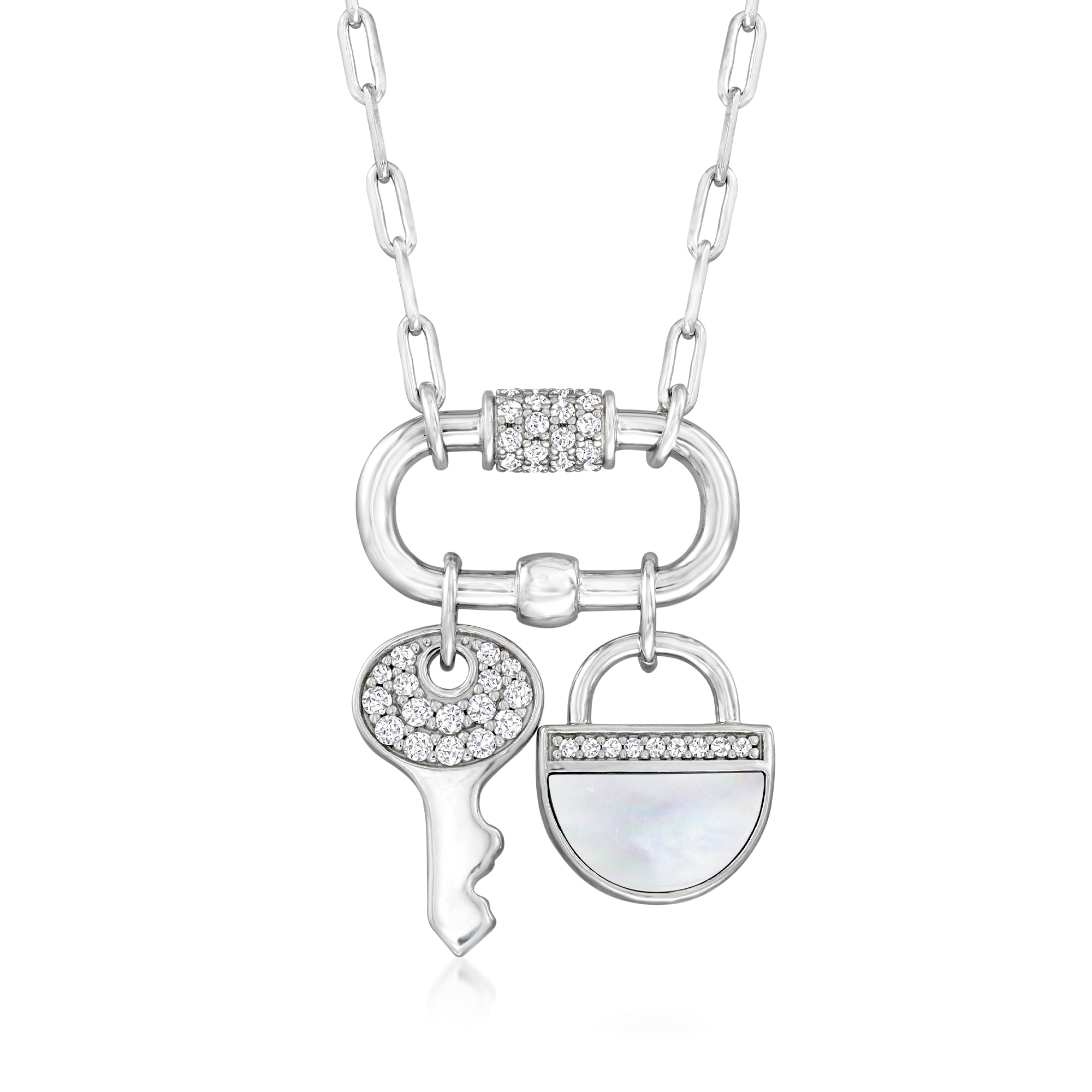 Charles Garnier Mother-of-Pearl and 60 ct tw CZ Carabiner Lock and Key Charm Necklace in Sterling Silver 129$