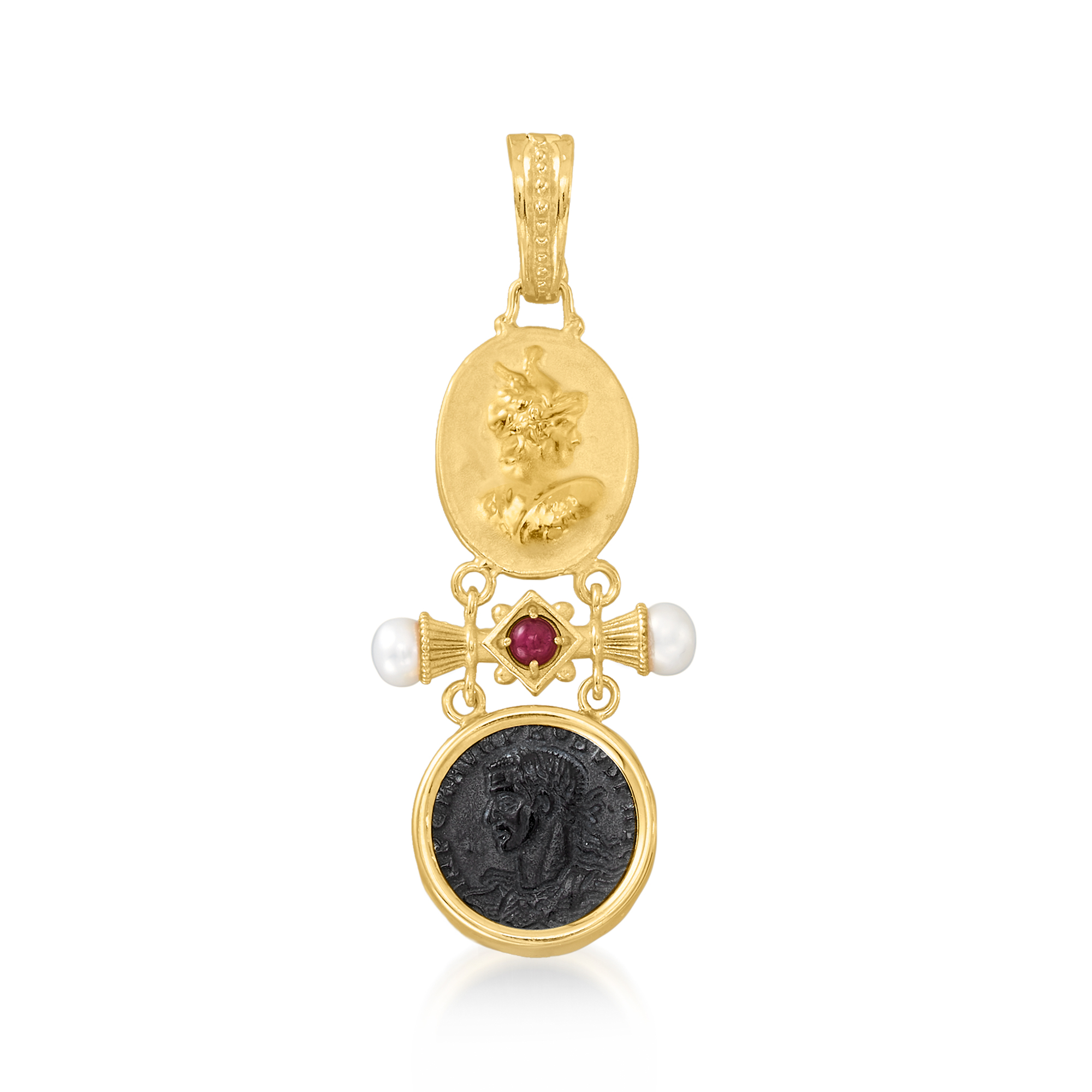 Italian Tagliamonte Carved Black Onyx and 30 Carat Ruby Pendant with Cultured Pearls in 18kt Gold Over Sterling 224$