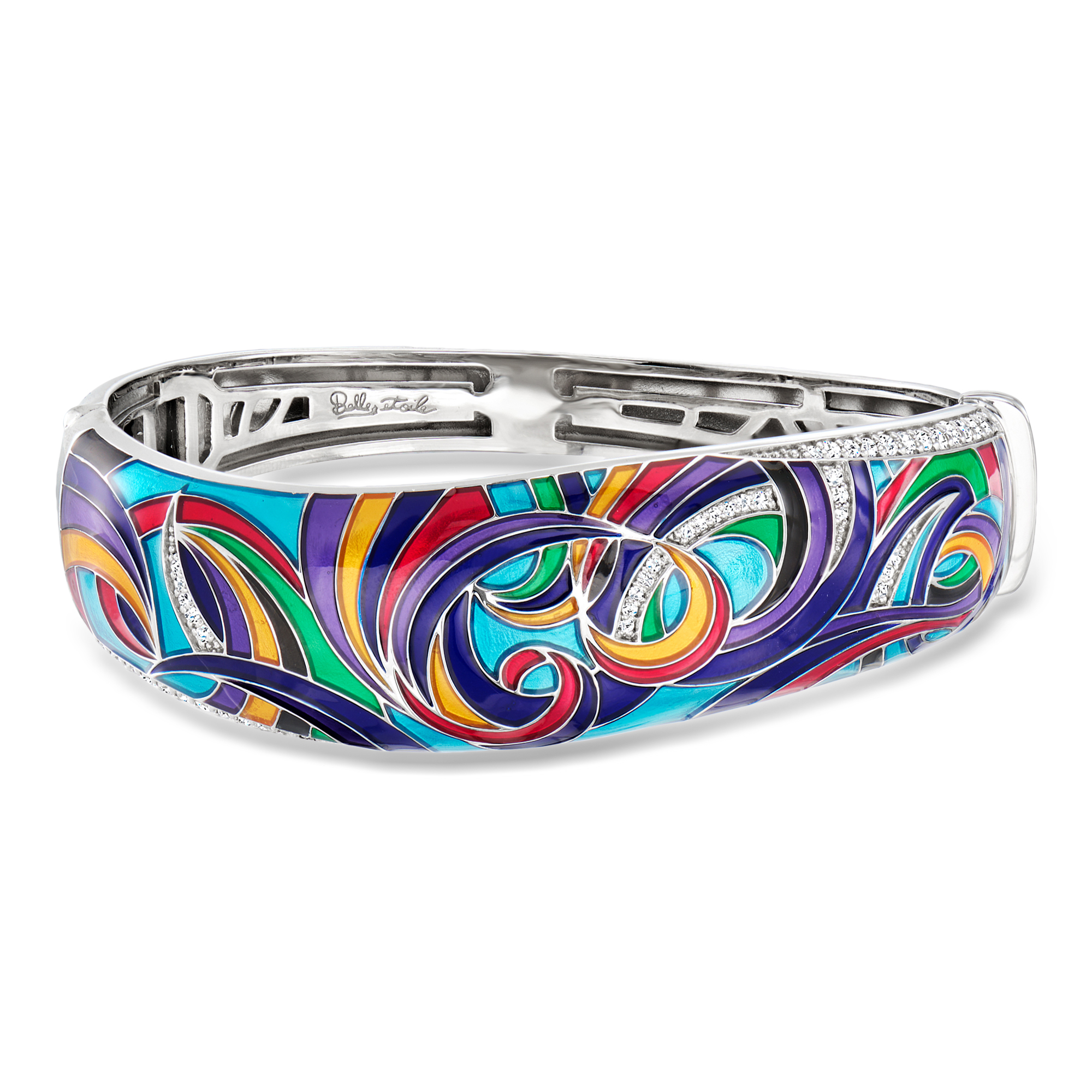 Belle Etoile Whirlwind Multicolored Enamel and 70 ct tw CZ Bangle Bracelet in Sterling Silver 650$