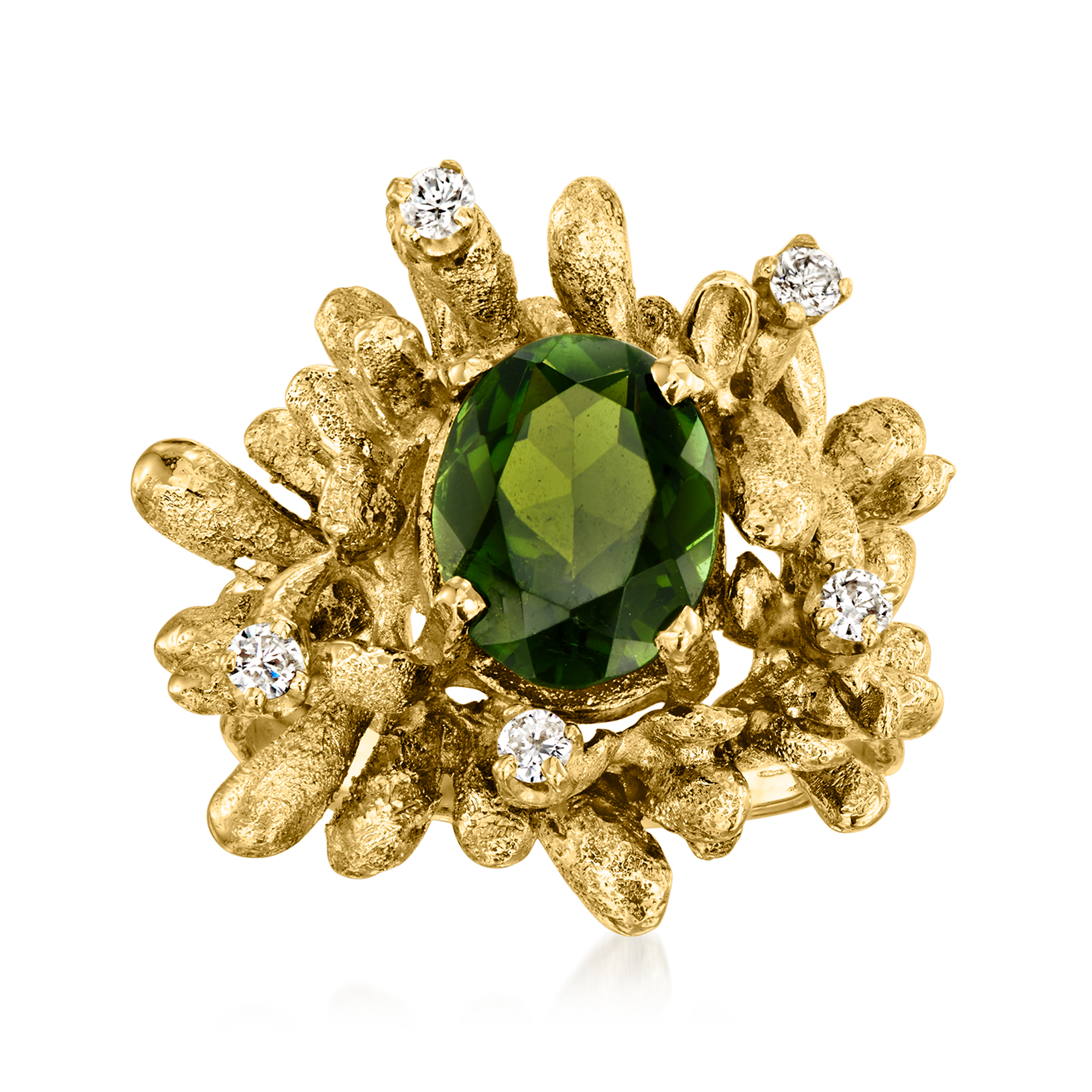 C 1970 Vintage 245 Carat Green Tourmaline Ring with 20 ct tw Diamonds in 14kt Yellow Gold 2396$