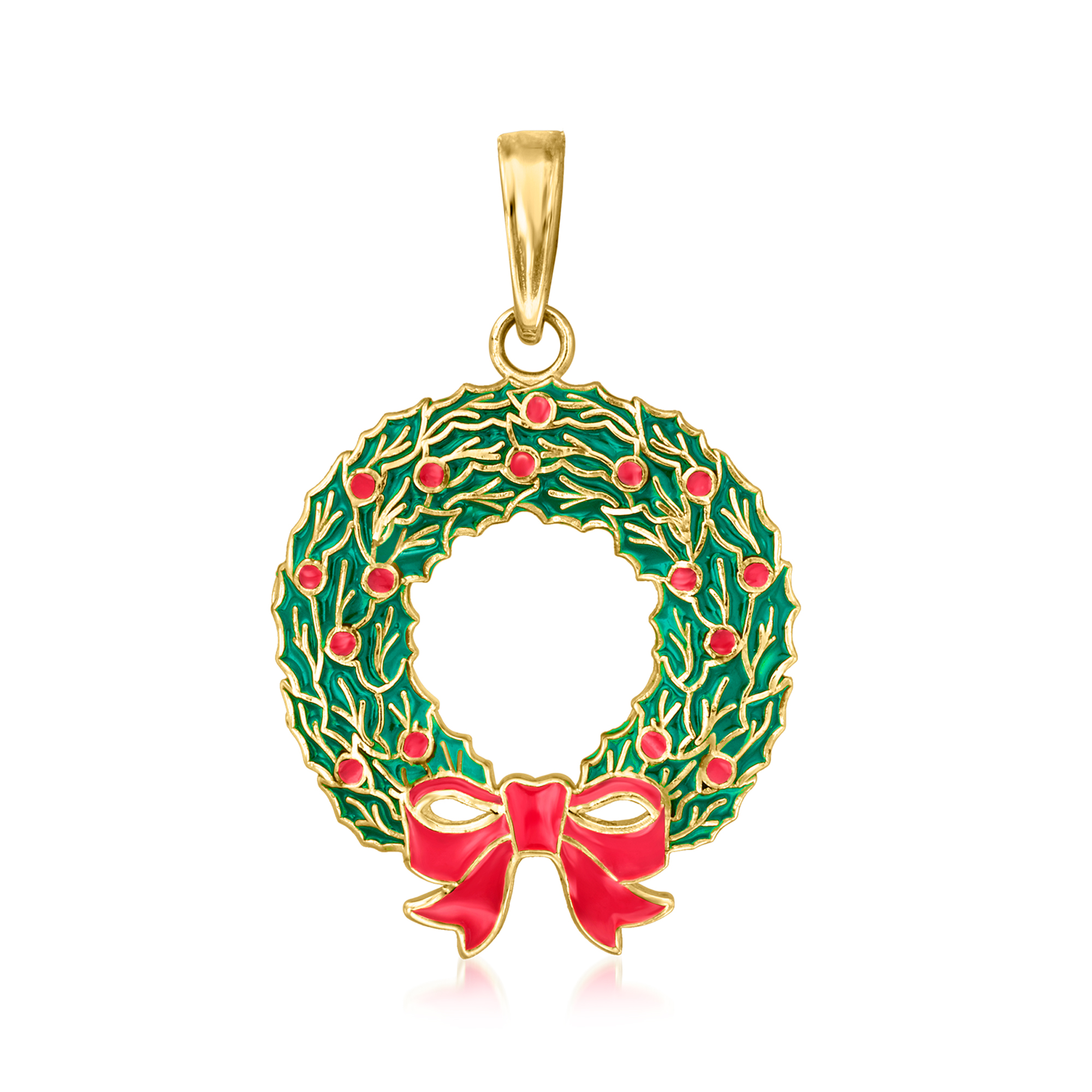 Red and Green Enamel Christmas Wreath Pendant in 10kt Yellow Gold 339$