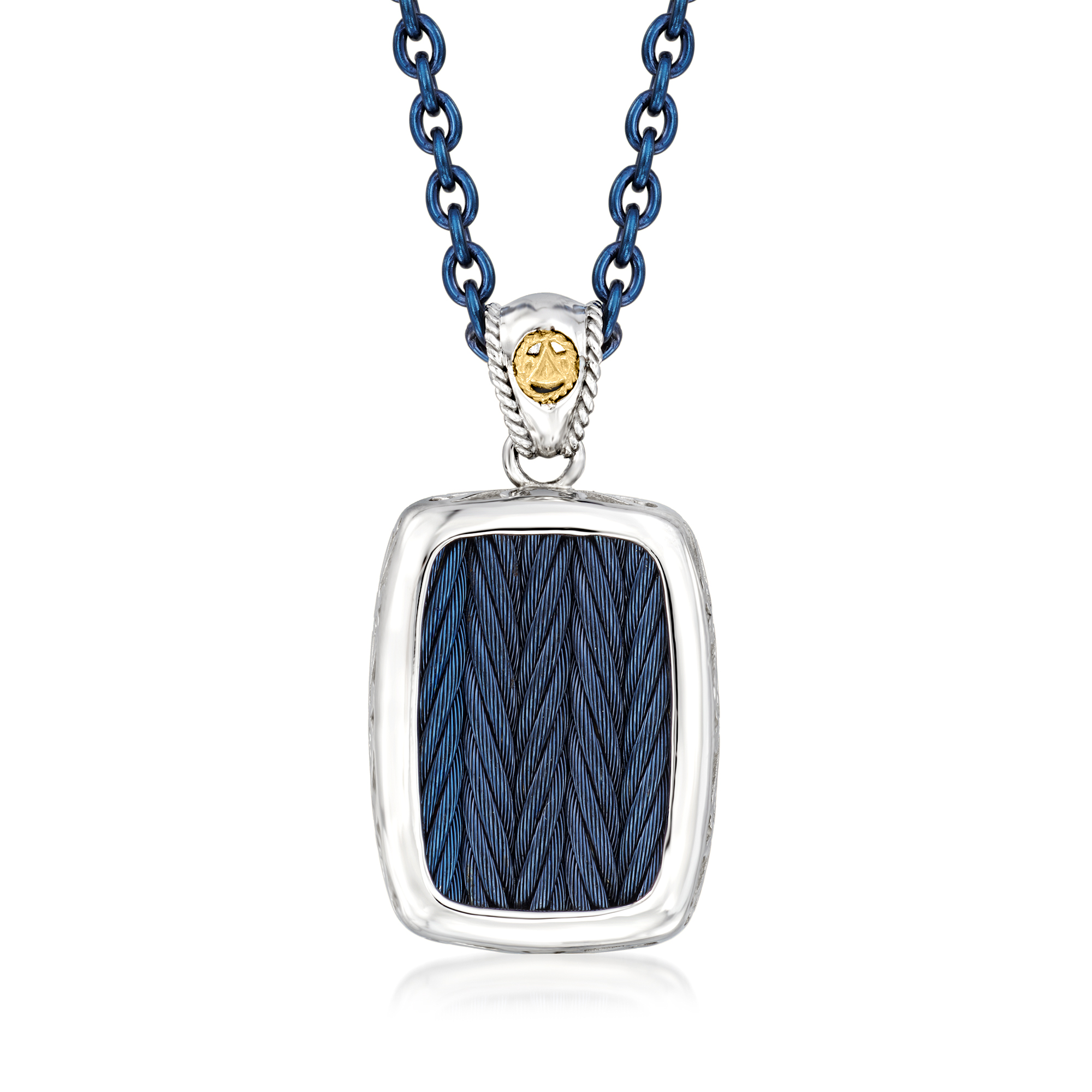 ALOR Blueberry and White Stainless Steel Dog Tag Pendant Necklace with 18kt Yellow Gold 139$
