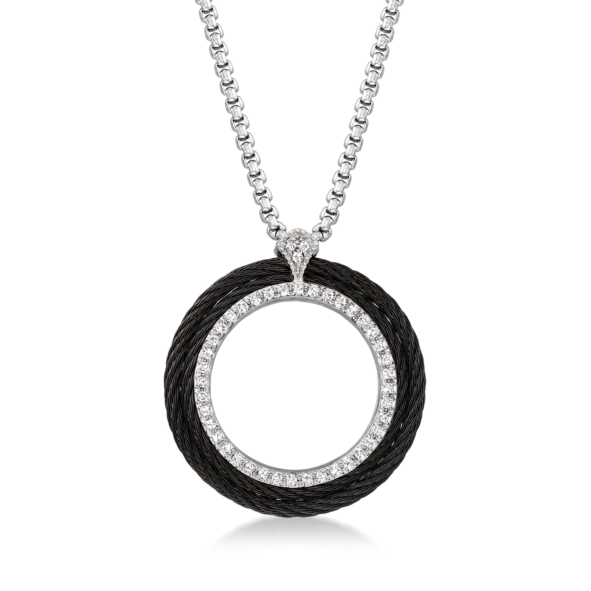 ALOR Black and Gray Stainless Steel Circle Pendant Necklace with 30 ct tw Diamonds and 18kt White Gold 1039$