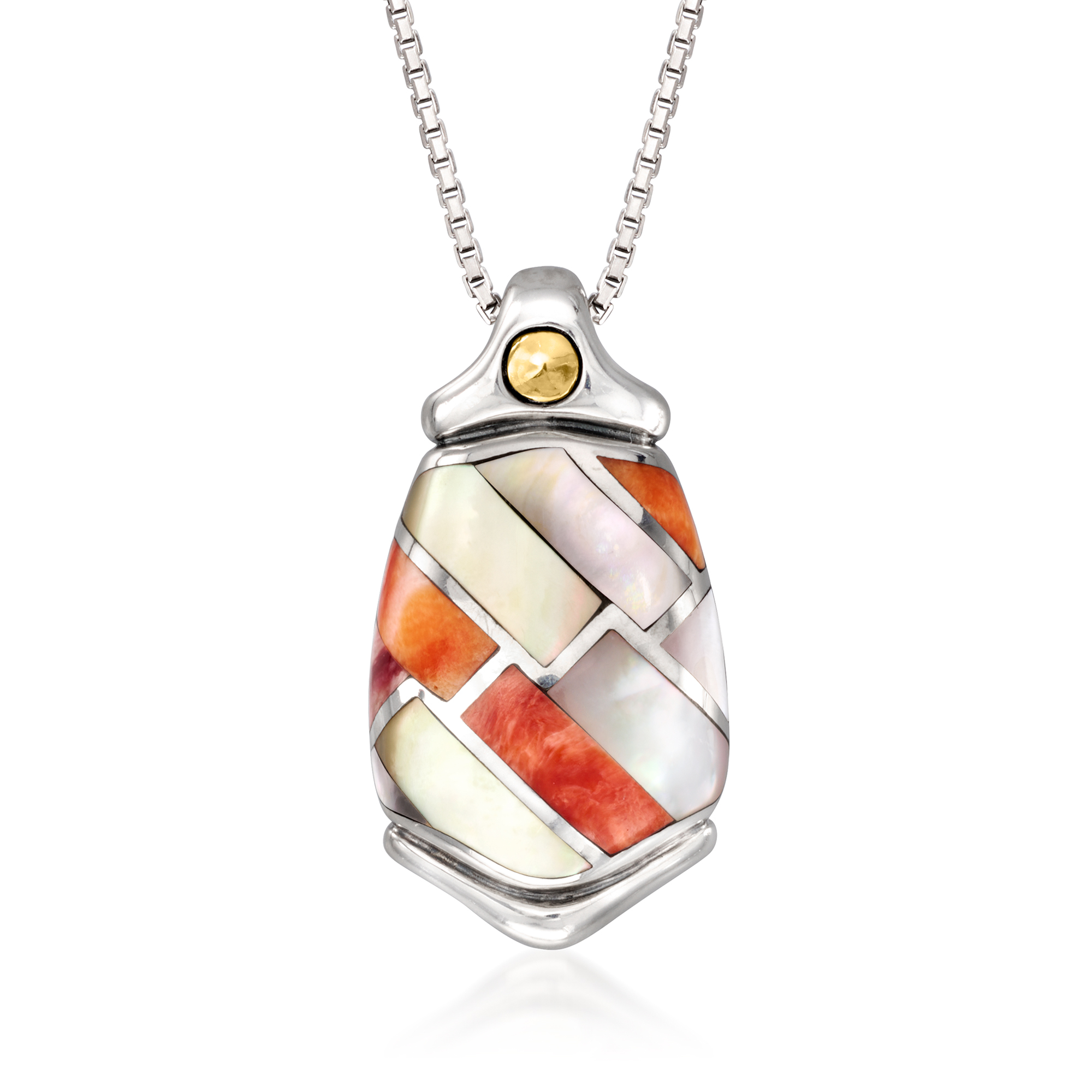 C 1980 Vintage Asch Grossbardt Coral and Multicolored Mother-of-Pearl Inlay Pendant Necklace in Sterling Silver with 18kt Yellow Gold 396$