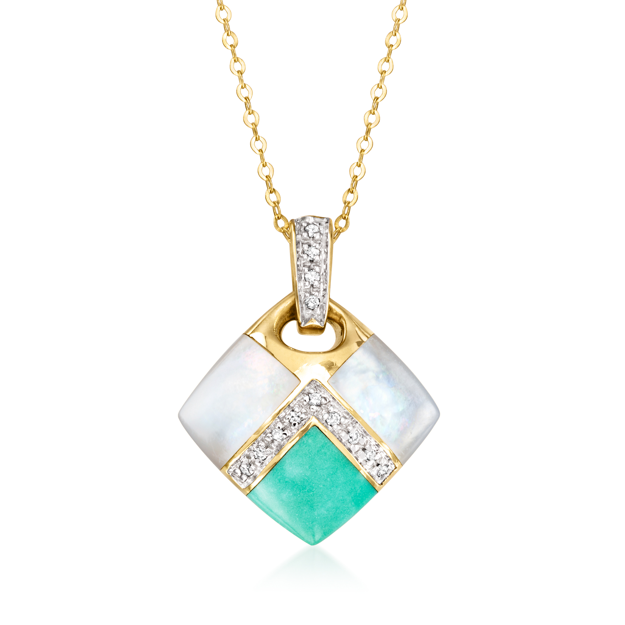 C 1990 Vintage Asch Grossbardt Mother-of-Pearl and Turquoise Inlay Pendant Necklace with Diamonds in 14kt Yellow Gold 1516$