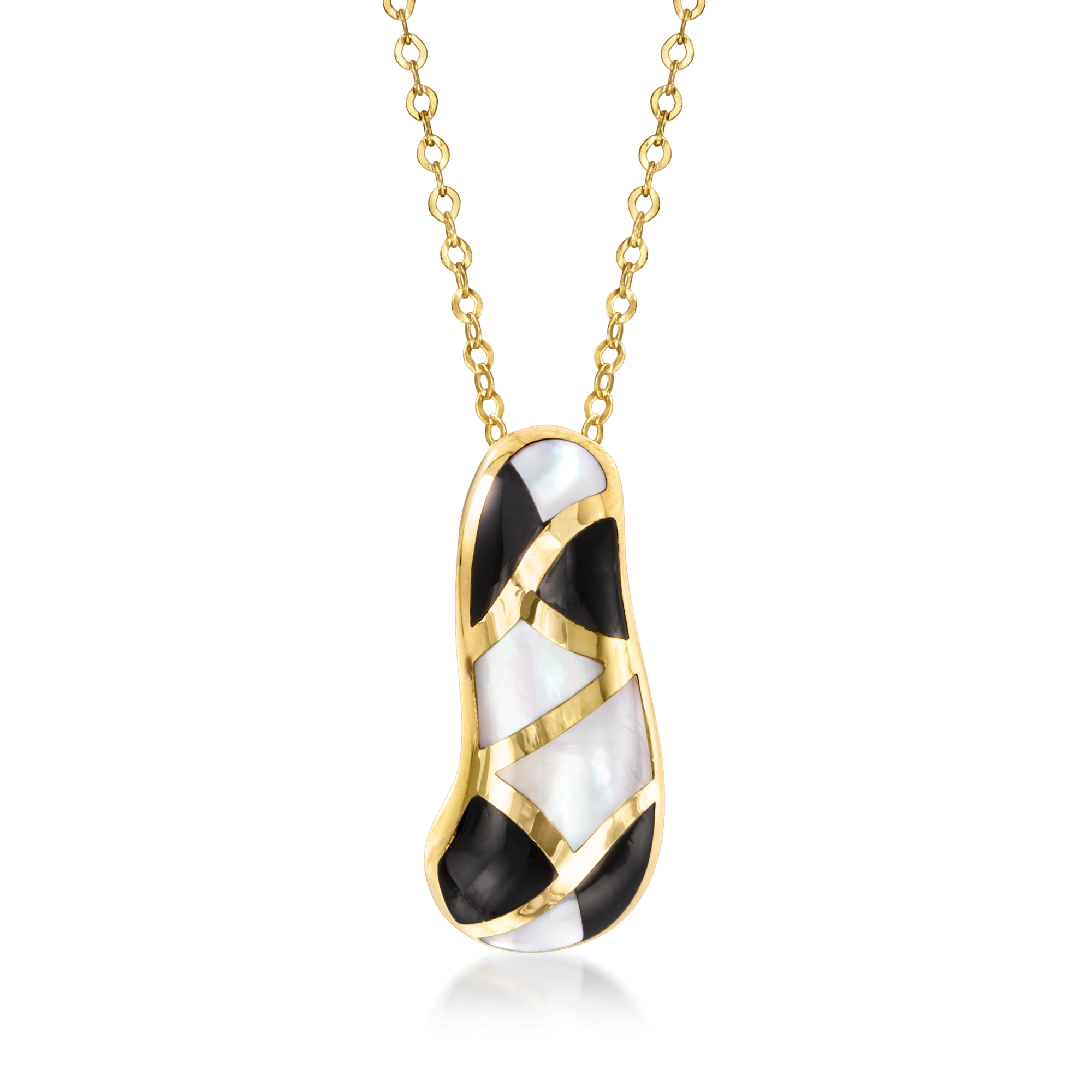 C 1990 Vintage Asch Grossbardt Onyx and Mother-of-Pearl Inlay Pendant Necklace in 14kt Yellow Gold 1195$