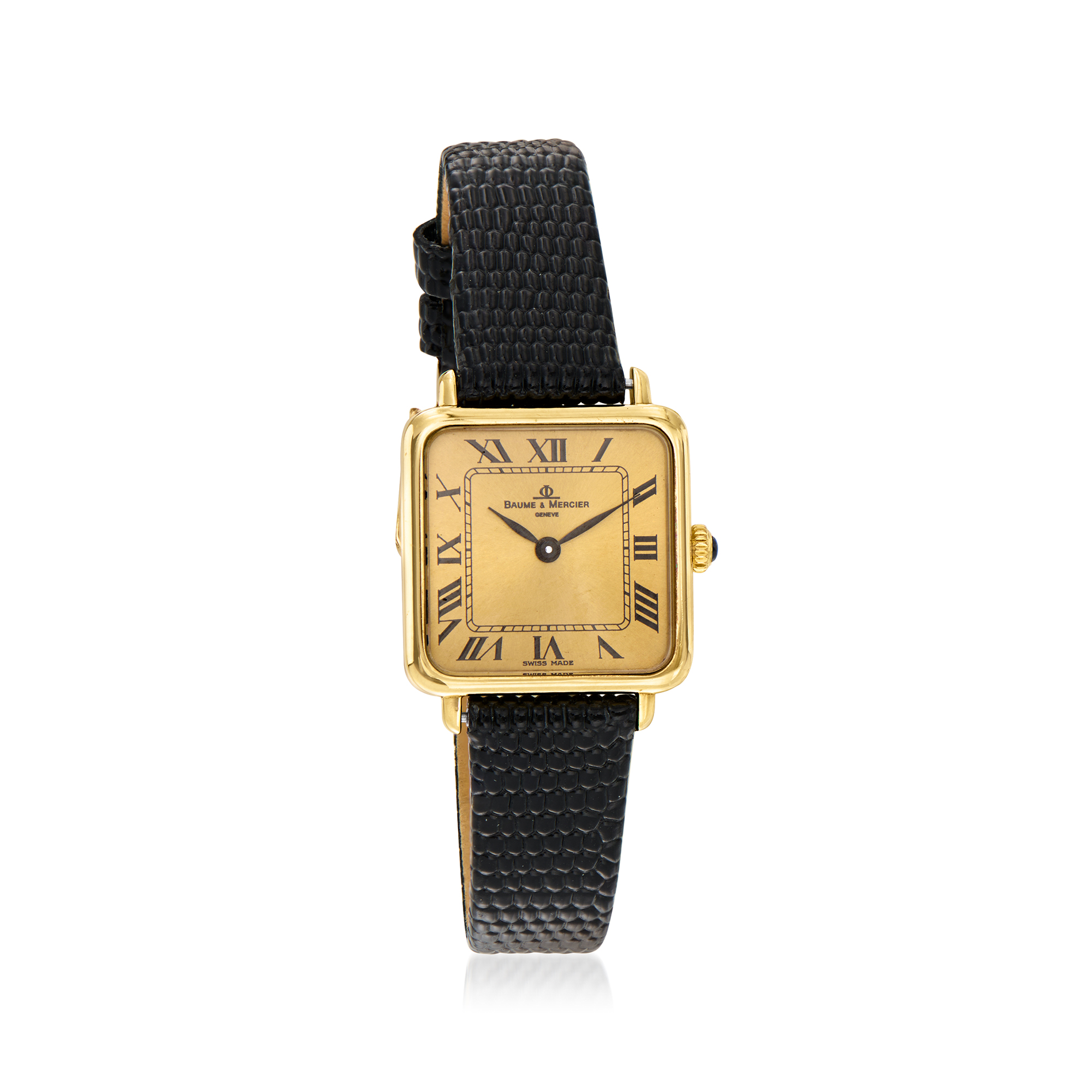 C 1980 Vintage Baume et Mercier Womens 23mm 14kt Yellow Gold Watch with Black Leather Strap 2595$