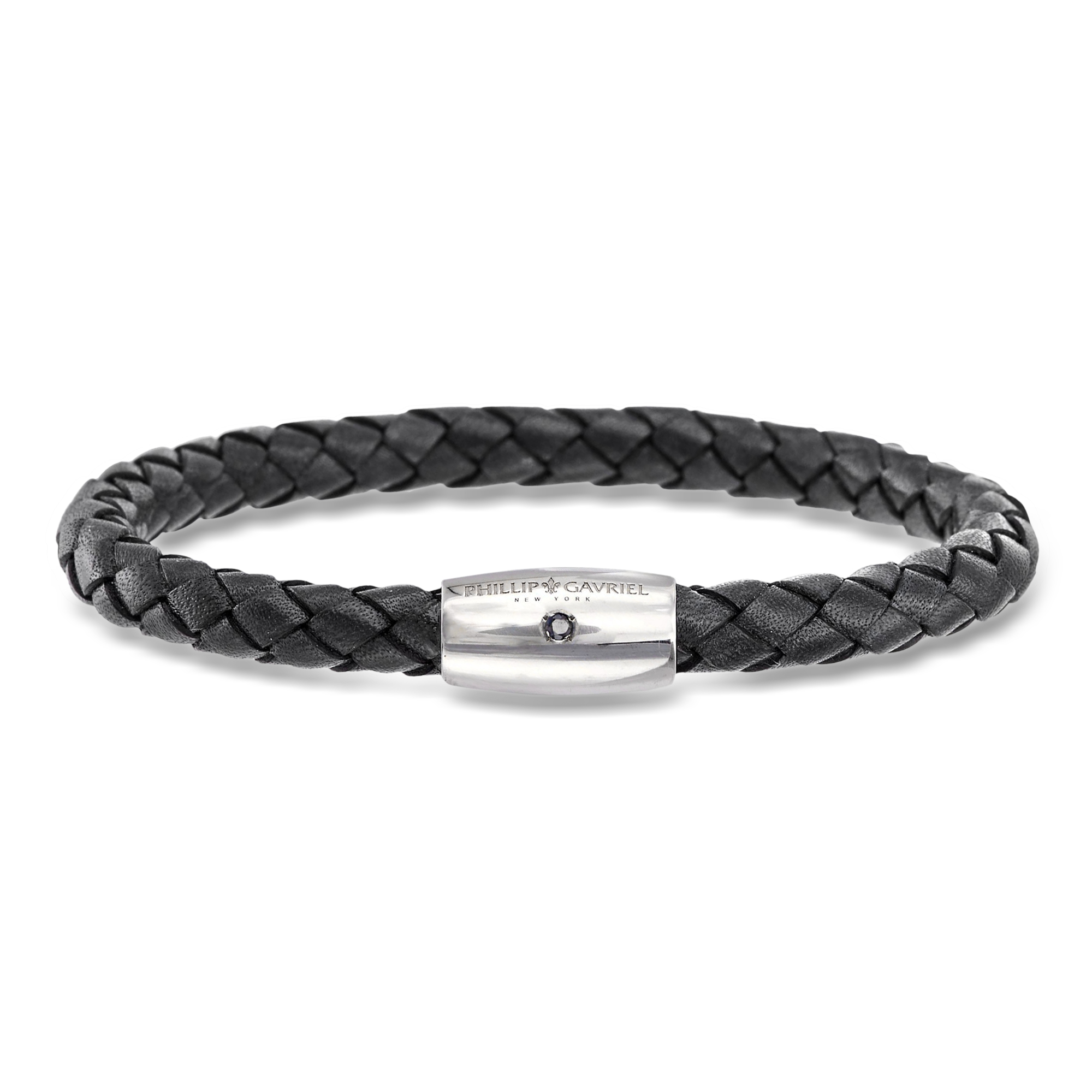 Phillip Gavriel Mens Black Leather Bracelet with Single Sapphire in Sterling Silver 190$