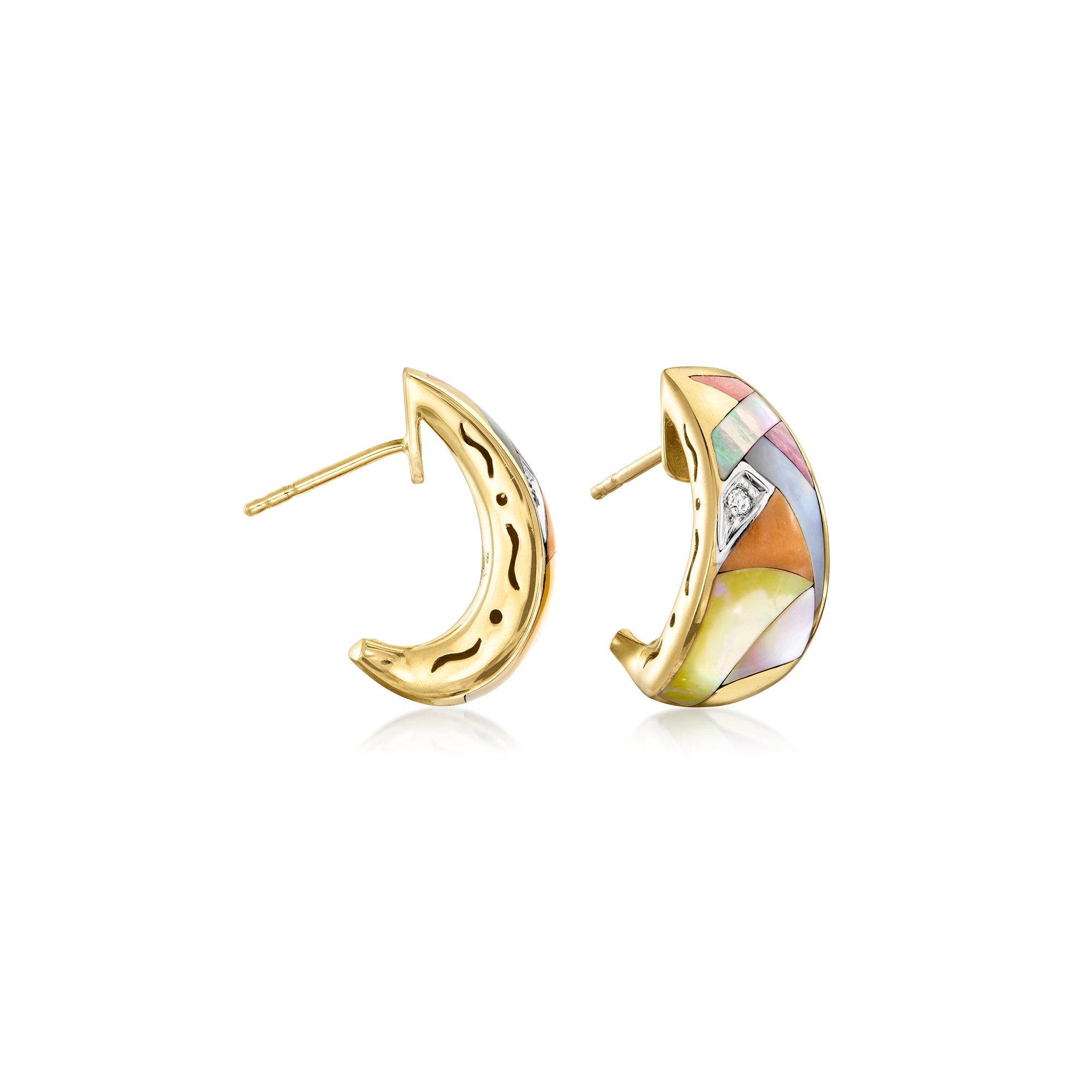 C. 1980 Vintage Asch Grossbardt Multi-Gemstone Inlay Curved Earrings in 14kt Yellow Gold