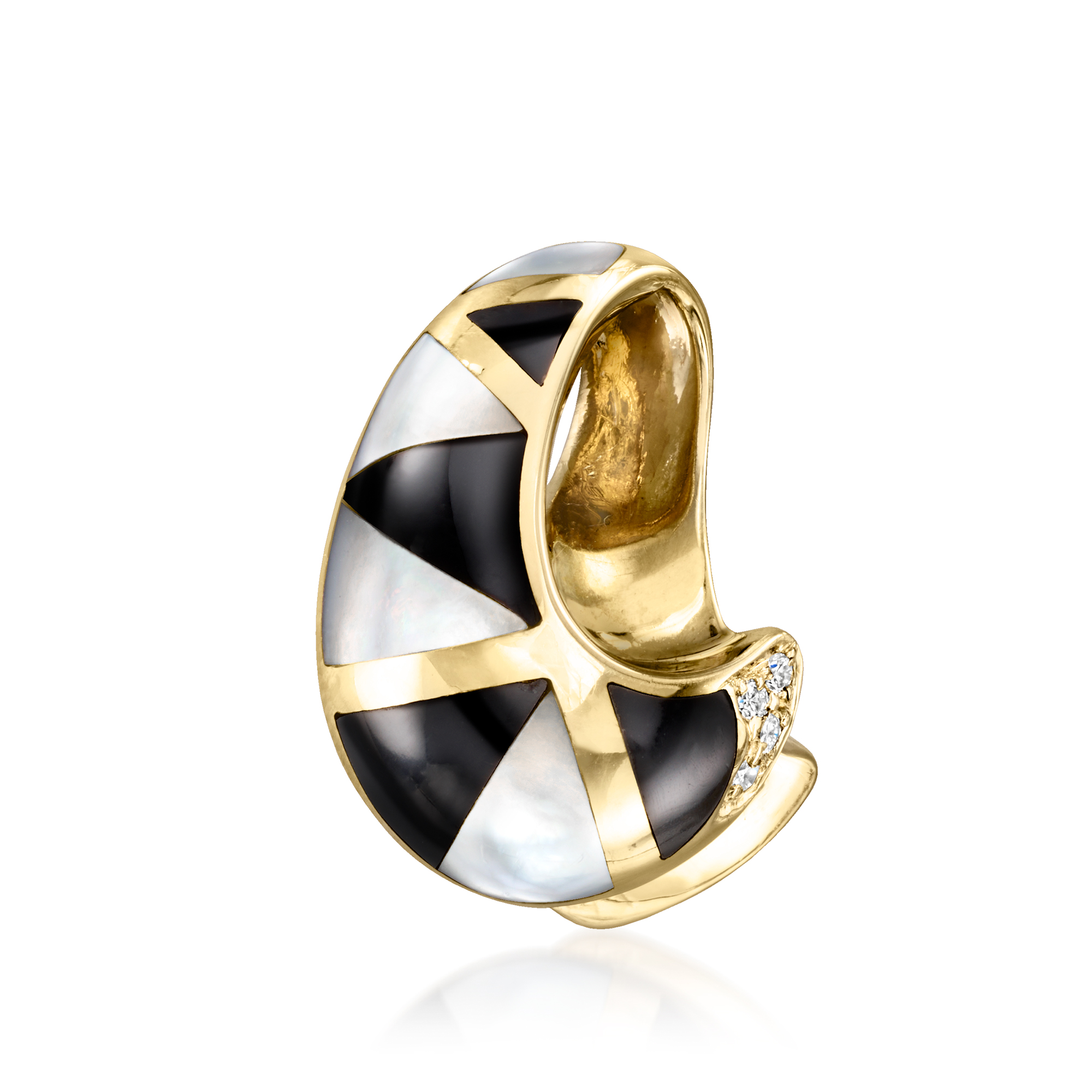 C 1990 Vintage Asch Grossbardt Onyx and Mother-of-Pearl Inlay Slide Pendant with Diamonds in 14kt Yellow Gold 1496$