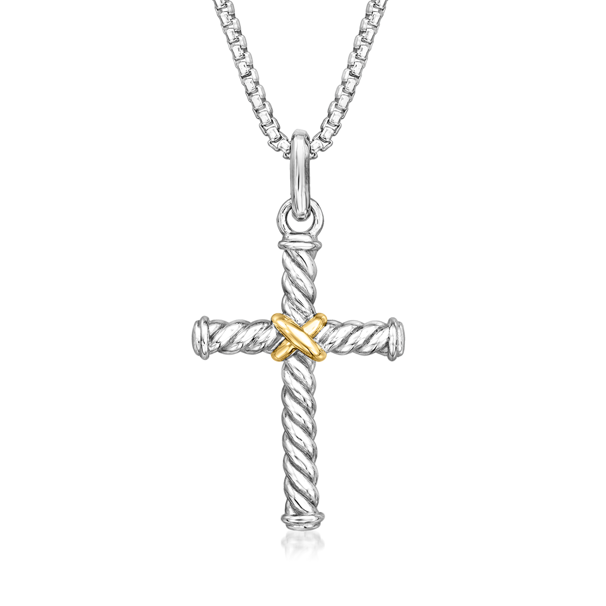 Phillip Gavriel Italian Cable Sterling Silver Twisted Cross Pendant Necklace with 18kt Yellow Gold 640$