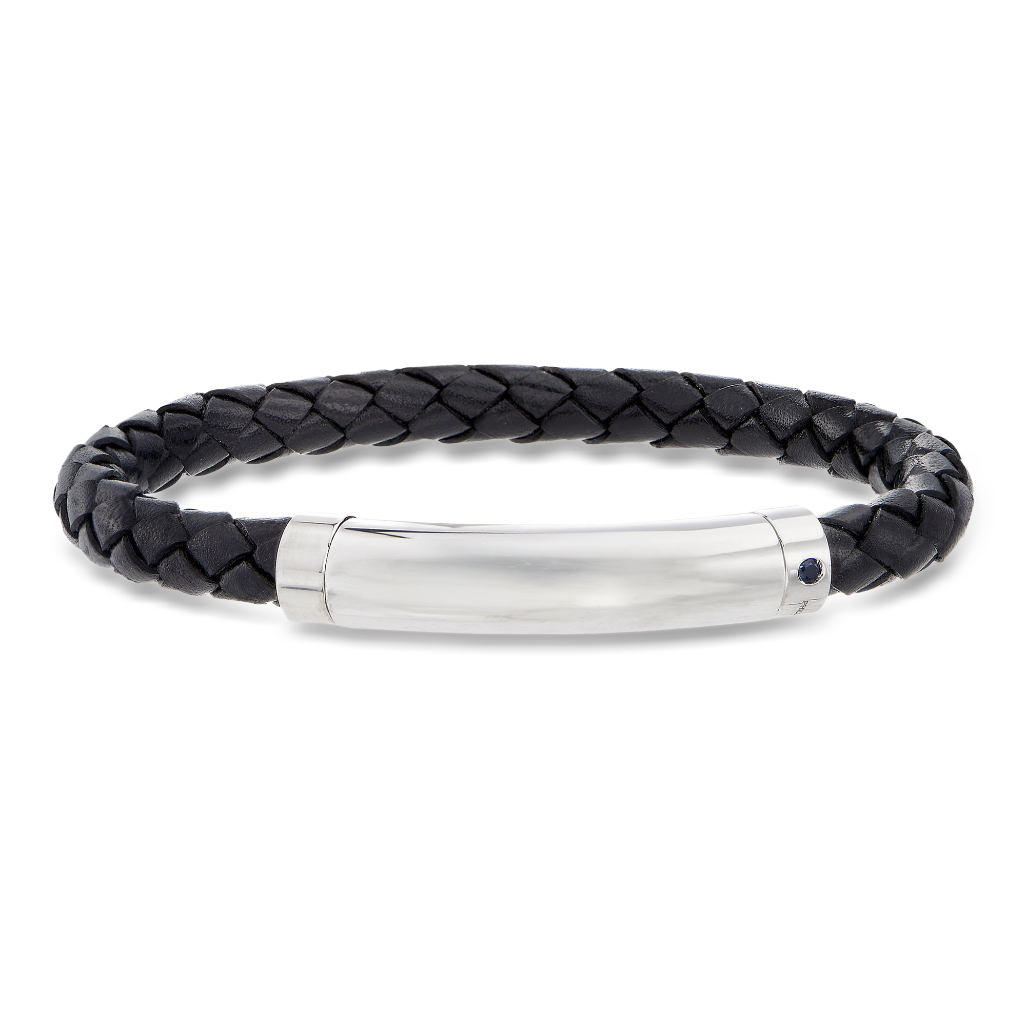 Phillip Gavriel Mens Black Leather and Sterling Silver Bracelet with Single Sapphire and Magnetic Clasp 300$
