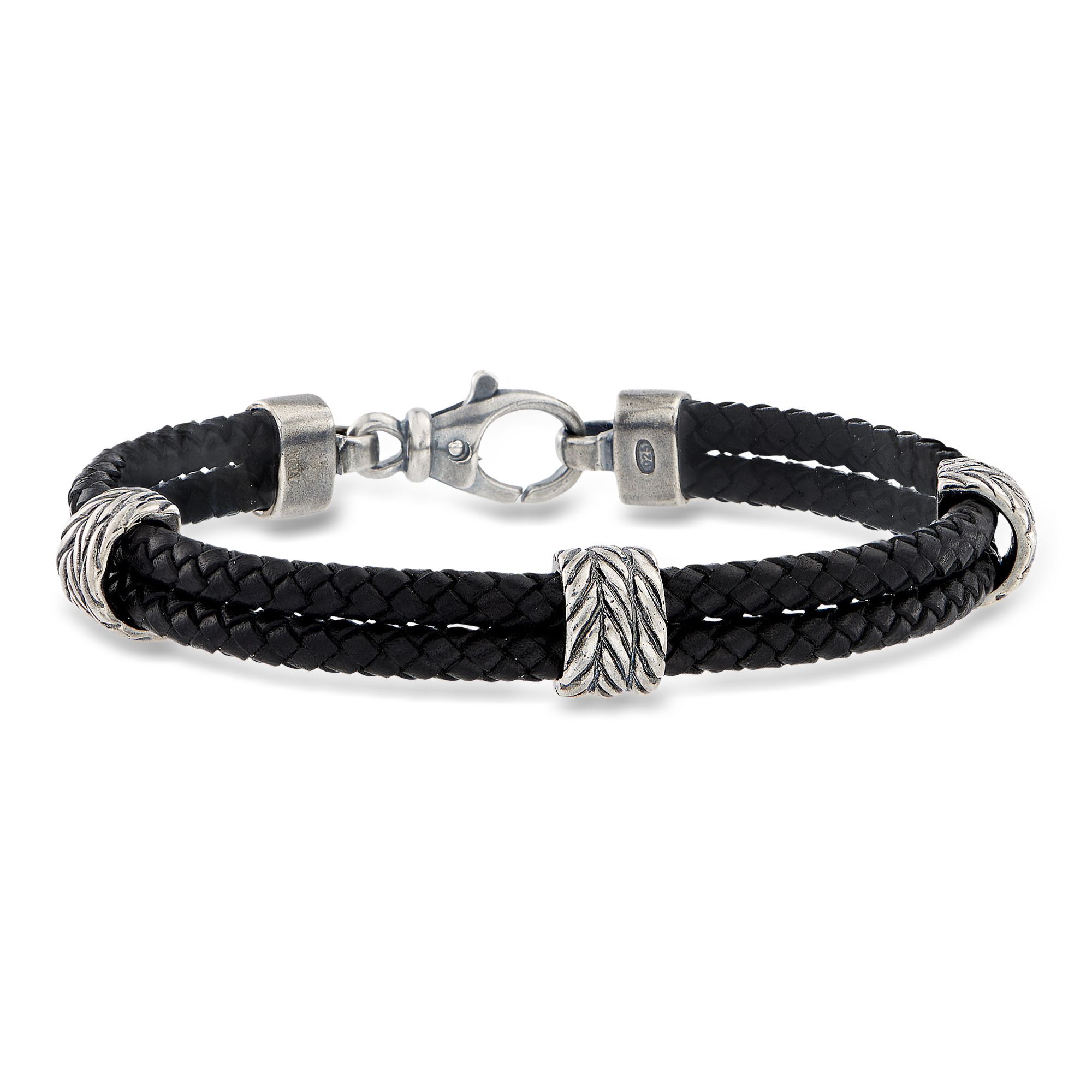 Phillip Gavriel Mens Black Leather Station Bracelet with Sterling Silver 470$