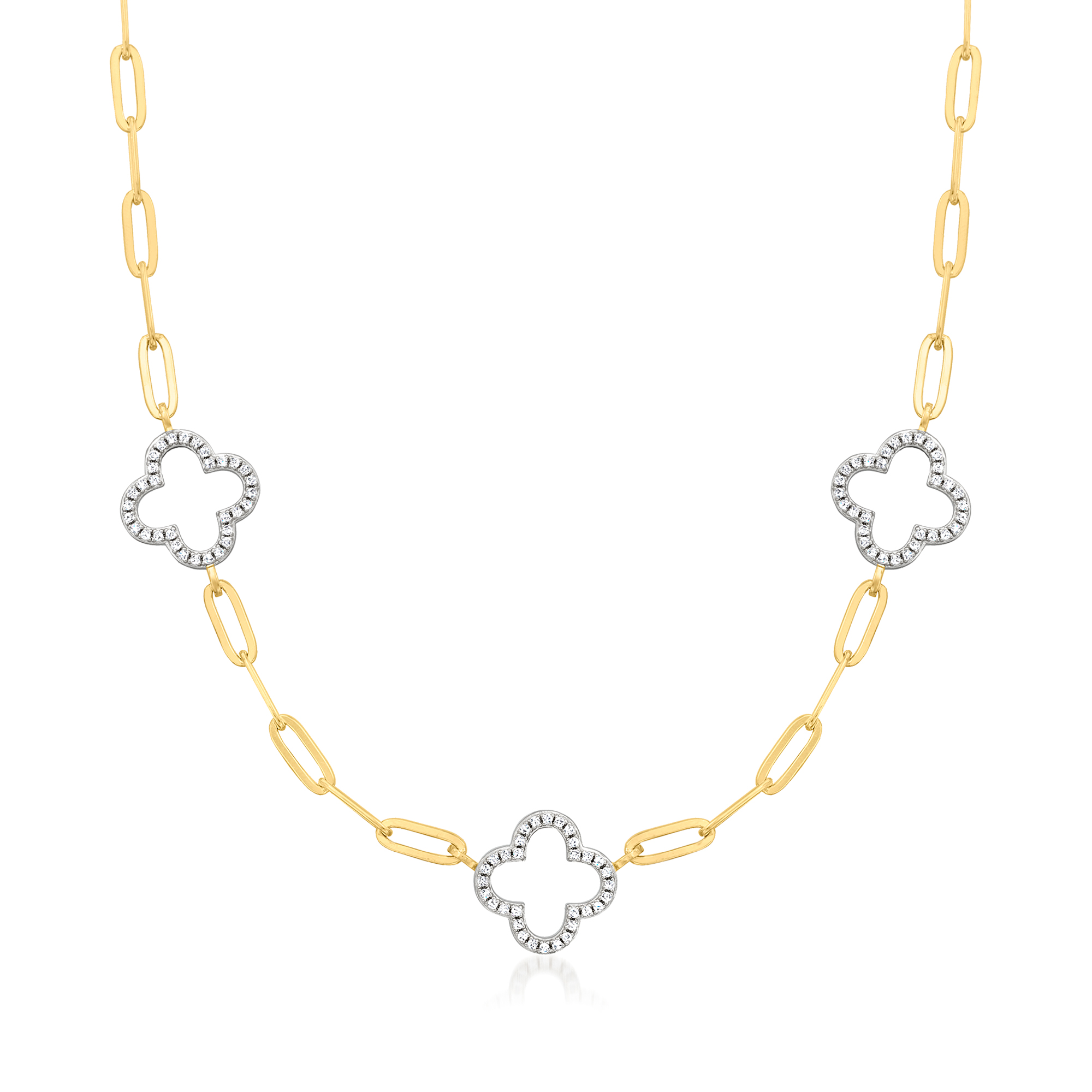 Charles Garnier .40 ct. t.w. CZ Clover Station Paper Clip Link Necklace in Two-Tone Sterling