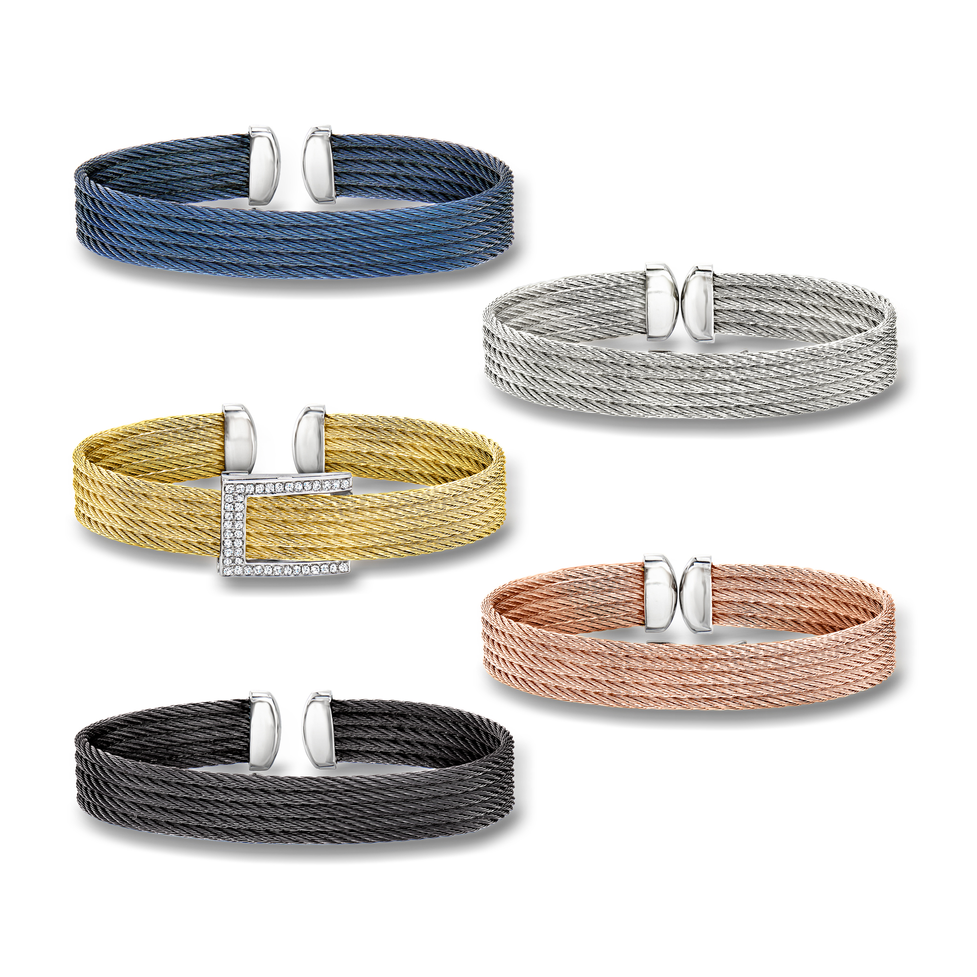 ALOR Jewelry Set Five Stainless Steel Cable Cuff Bracelets with 25 ct tw Diamonds in 18kt White Gold 1229$