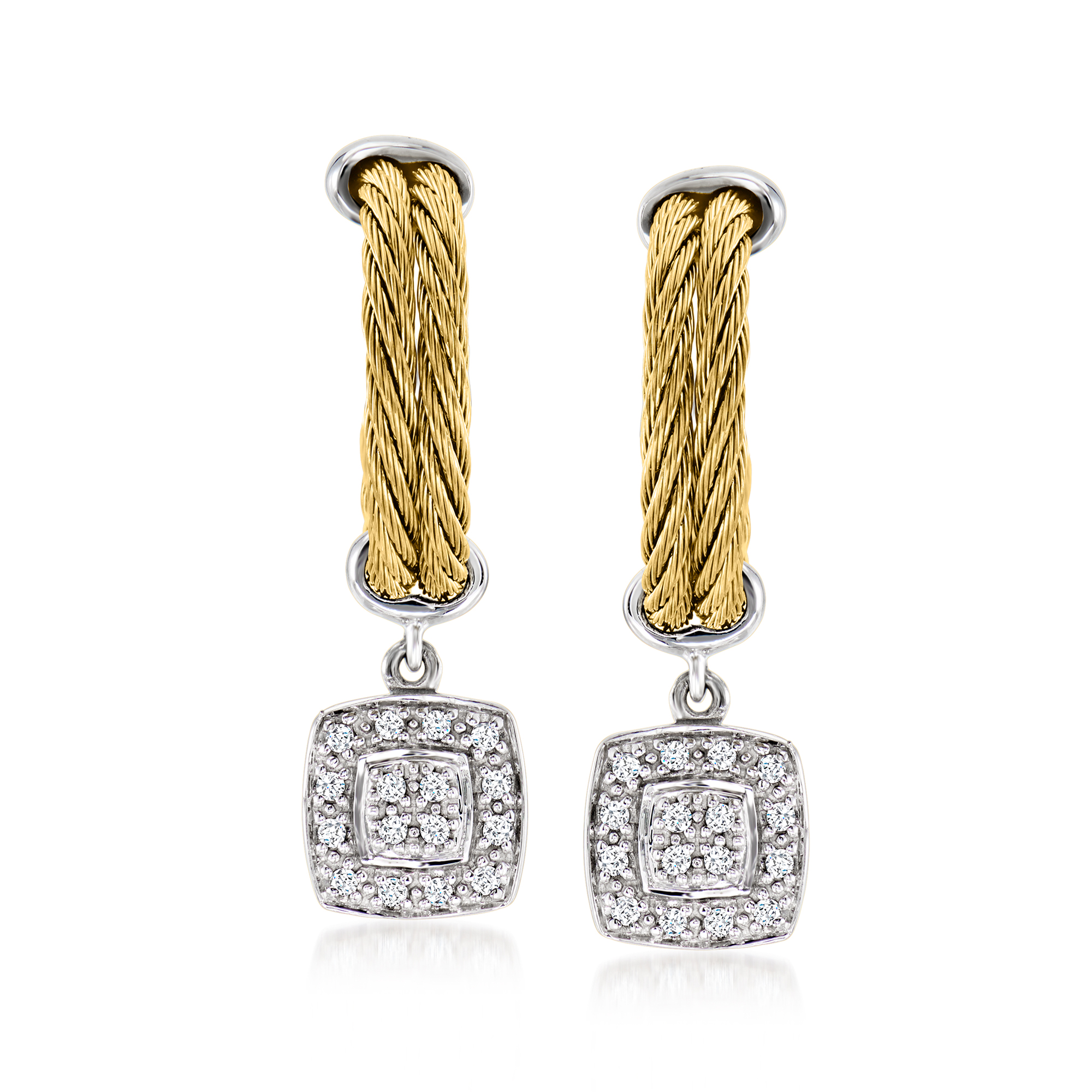ALOR 27 ct tw Diamond and Yellow Stainless Steel Cable Hoop Drop Earrings with 14kt White Gold 1139$