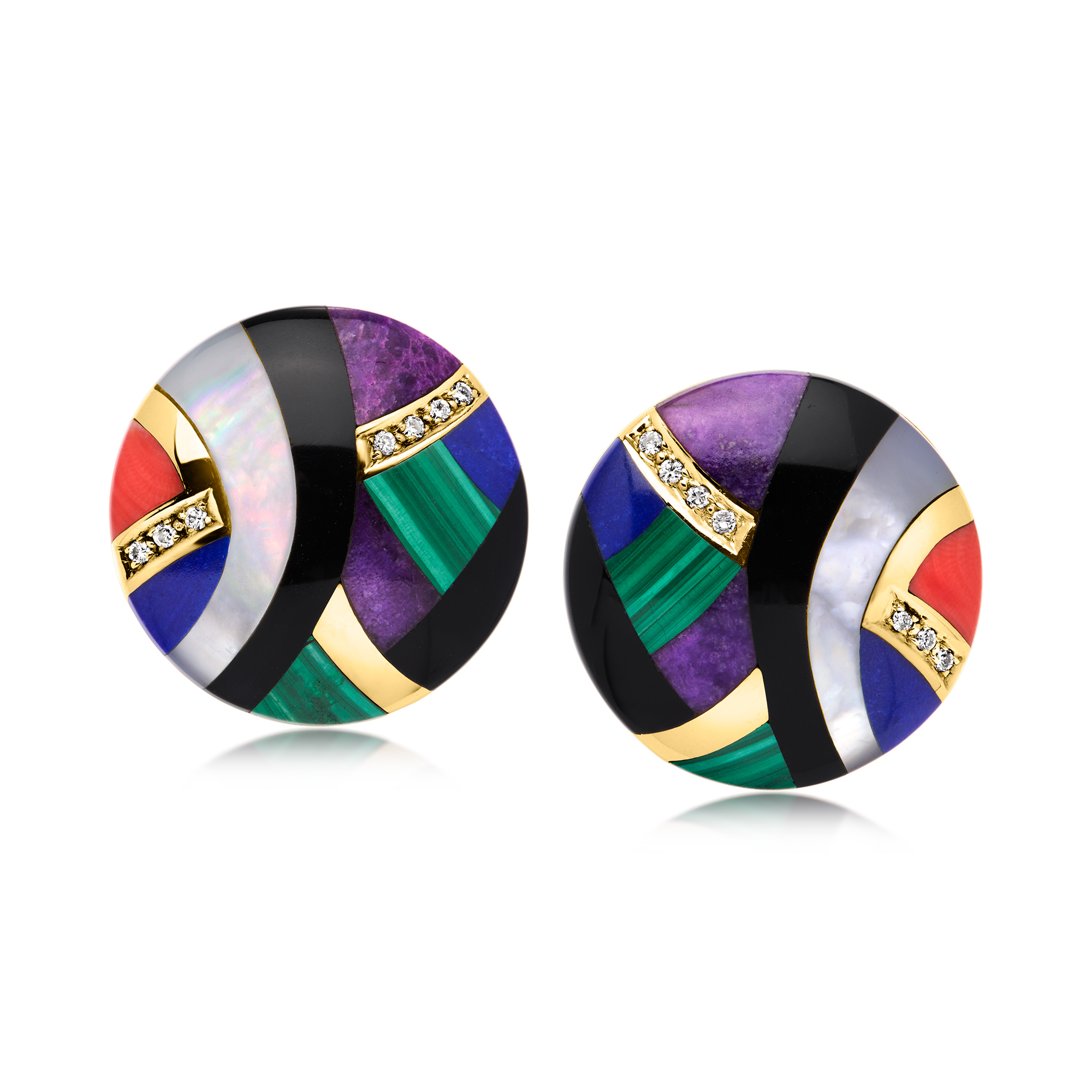 C. 1980 Vintage Asch Grossbardt Multi-Gemstone Inlay Disc Earrings with .28 ct. t.w. Diamonds in 14kt Yellow Gold
