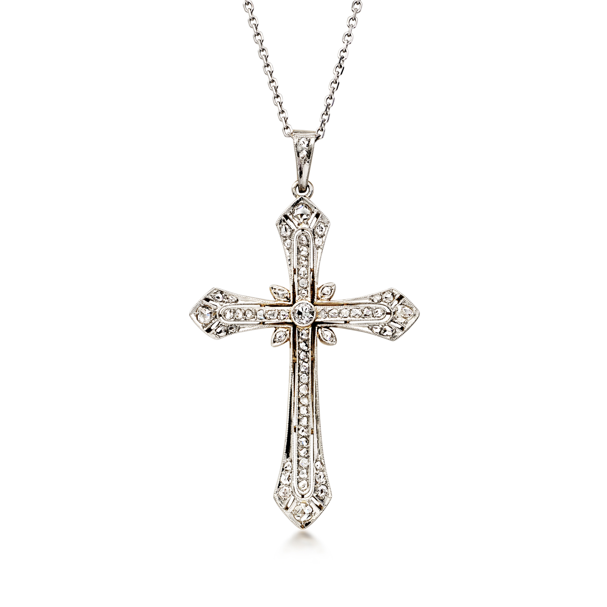 C. 1940 Vintage .83 ct. t.w. Diamond Filigree Cross Pendant Necklace in Platinum and 18kt Yellow Gold