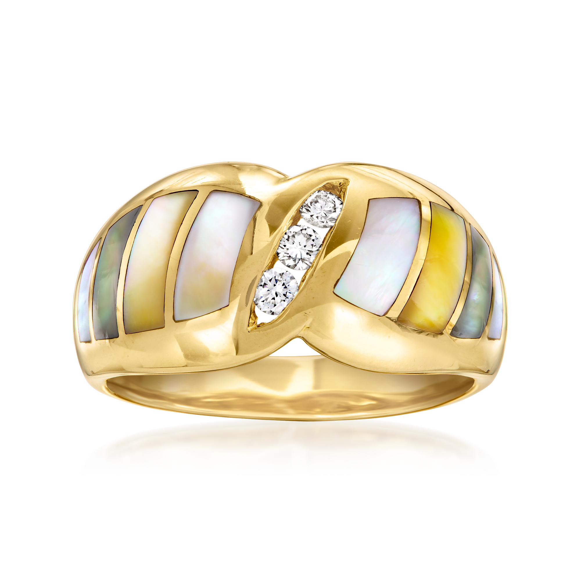 C. 1980 Vintage Asch Grossbardt Multicolored Mother-of-Pearl Inlay Ring with .15 ct. t.w. Diamonds in 14kt Yellow Gold