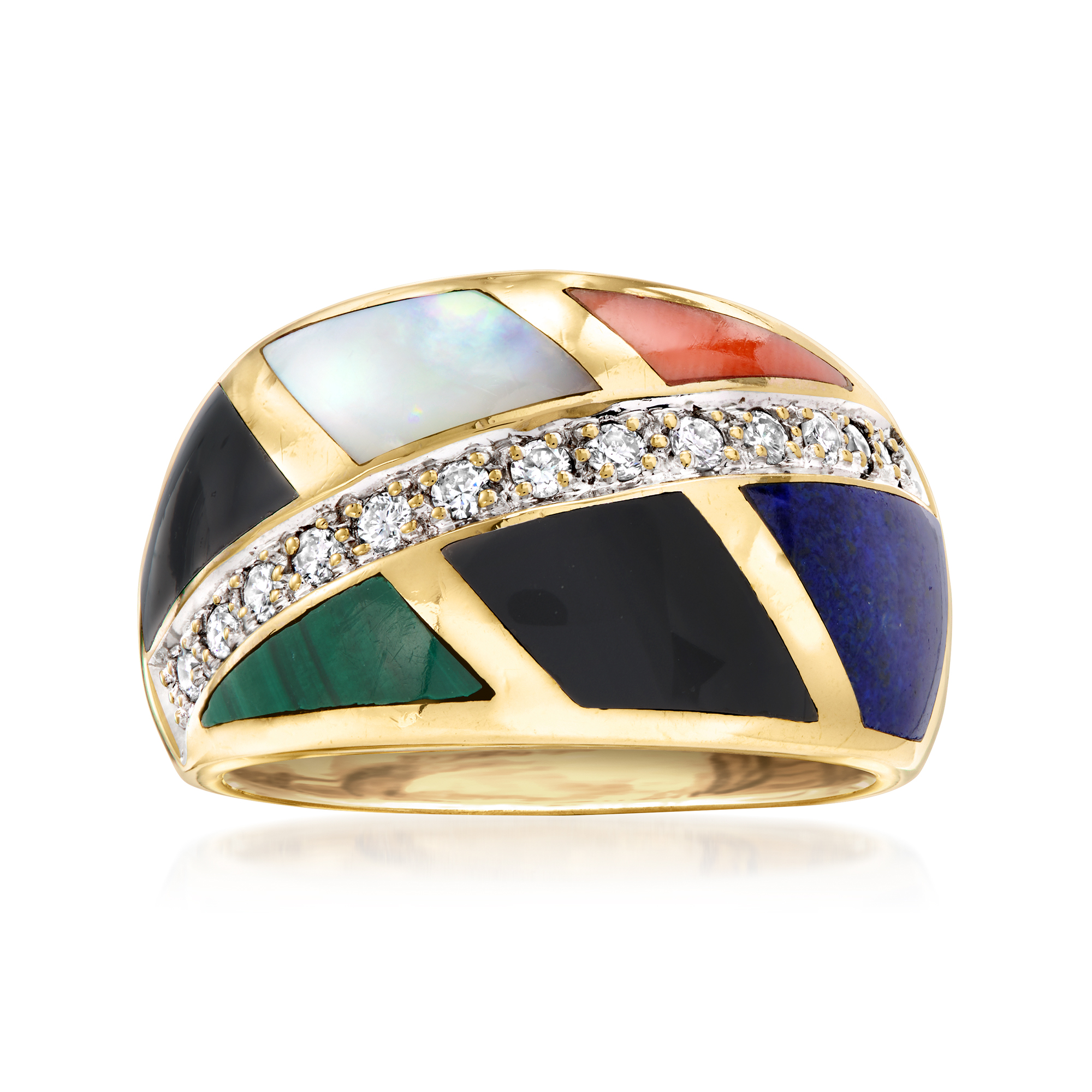 C. 1980 Vintage Asch Grossbardt Multi-Gemstone Inlay Ring with .25 ct. t.w. Diamonds in 14kt Yellow Gold