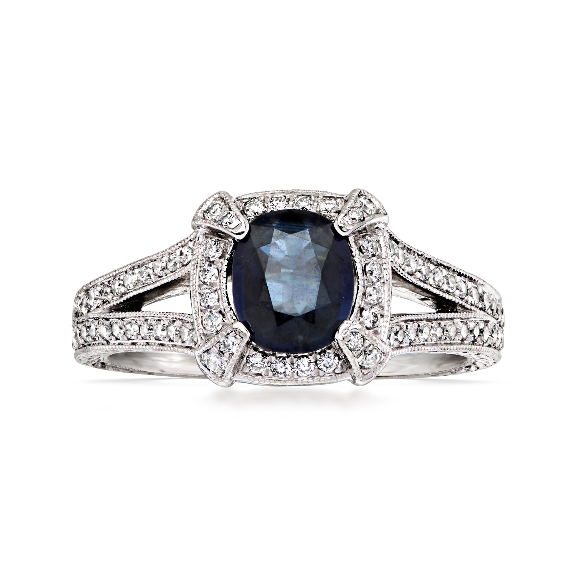 C. 2000 Vintage .90 Carat Sapphire Ring with .55 ct. t.w. Diamonds in 14kt White Gold