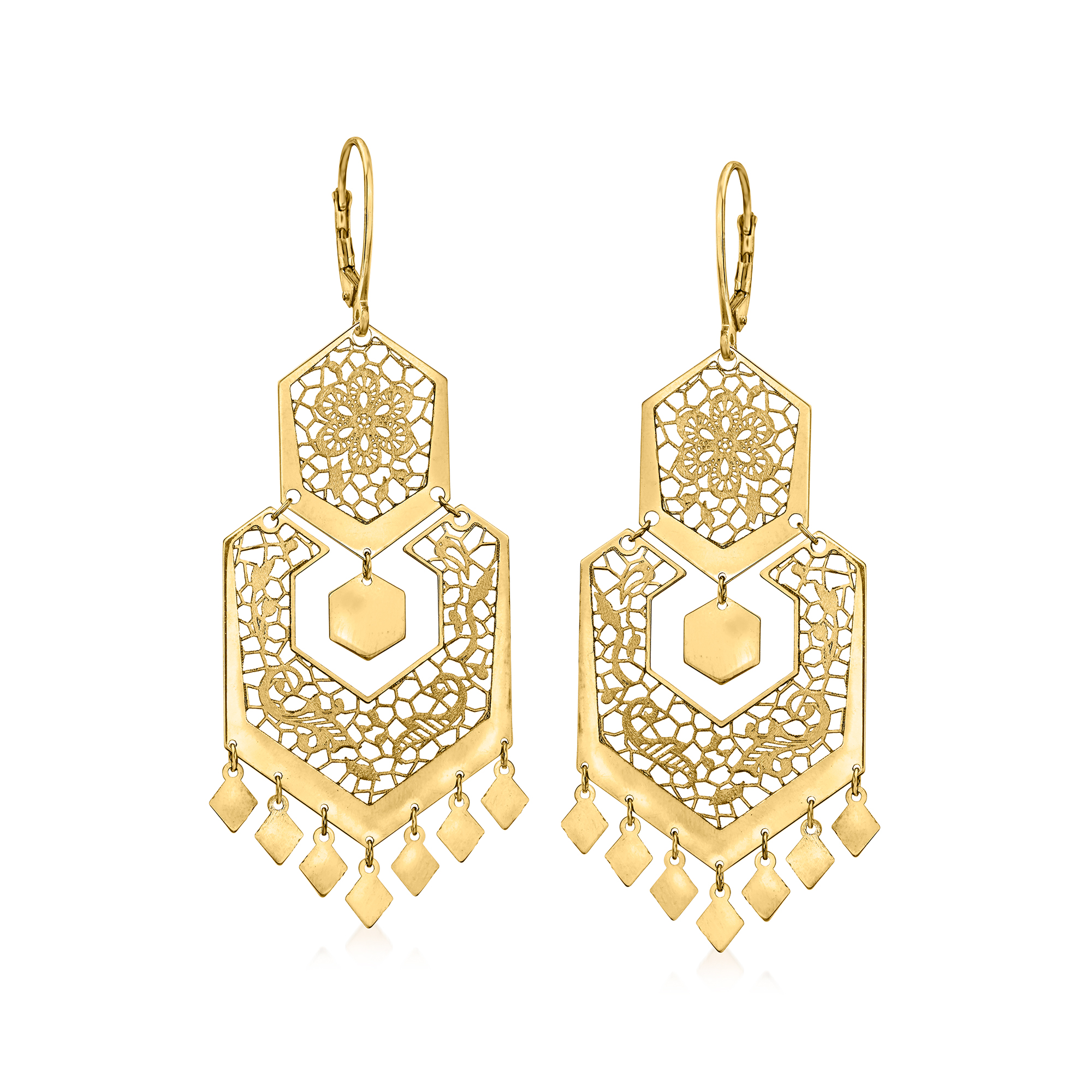 Italian 14kt Yellow Gold Openwork Floral Lace Chandelier Earrings 1195$