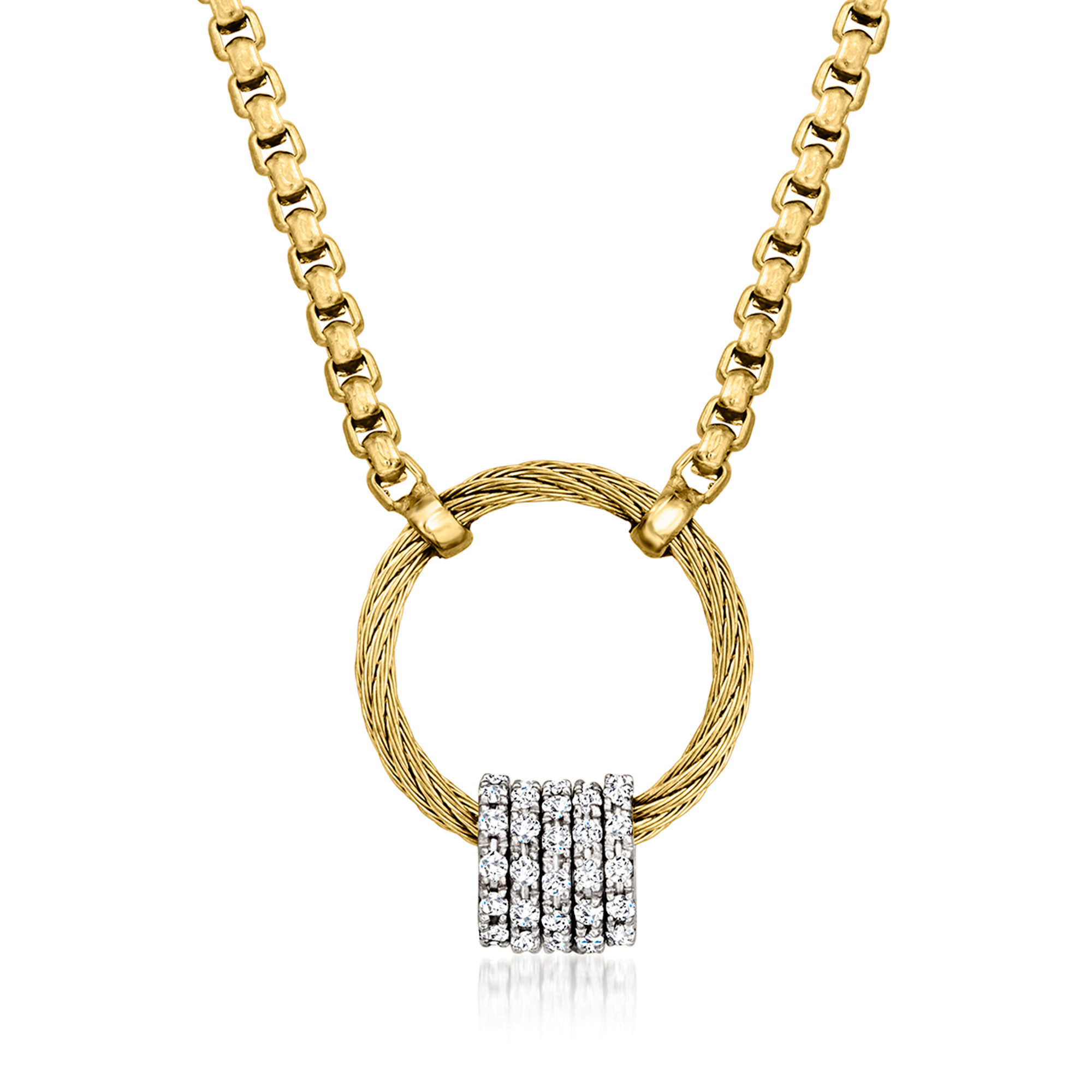 ALOR Yellow Stainless Steel Cable Circle Necklace with .30 ct. t.w. Diamonds in 14kt White Gold