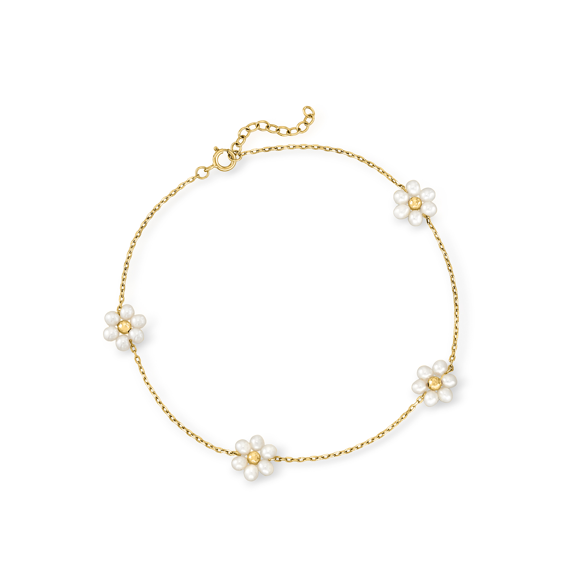 3-35mm Cultured Pearl Flower Station Anklet in 14kt Yellow Gold 335$
