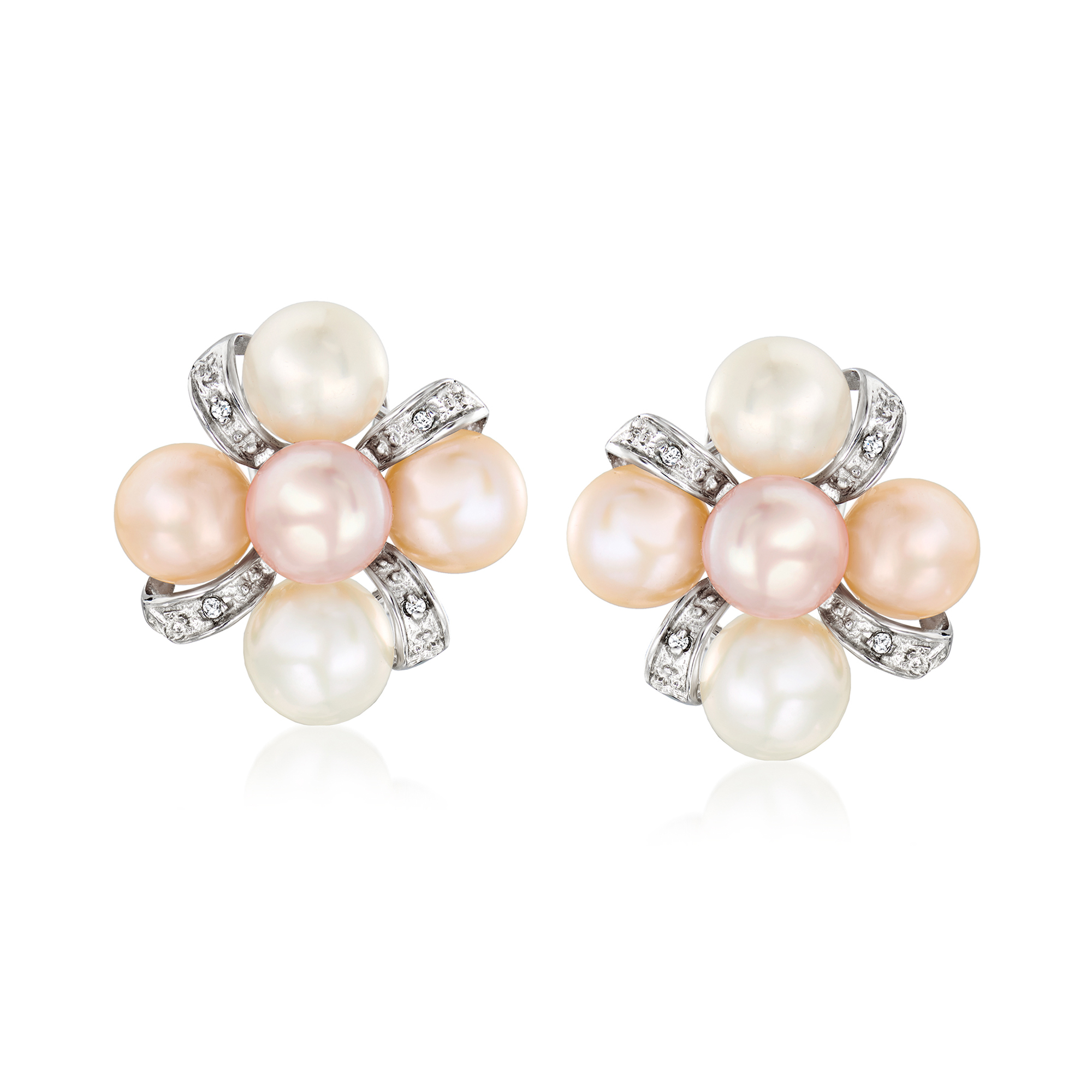 6.5-7mm Multicolored Cultured Pearl Earrings with Diamonds in Sterling Silver
