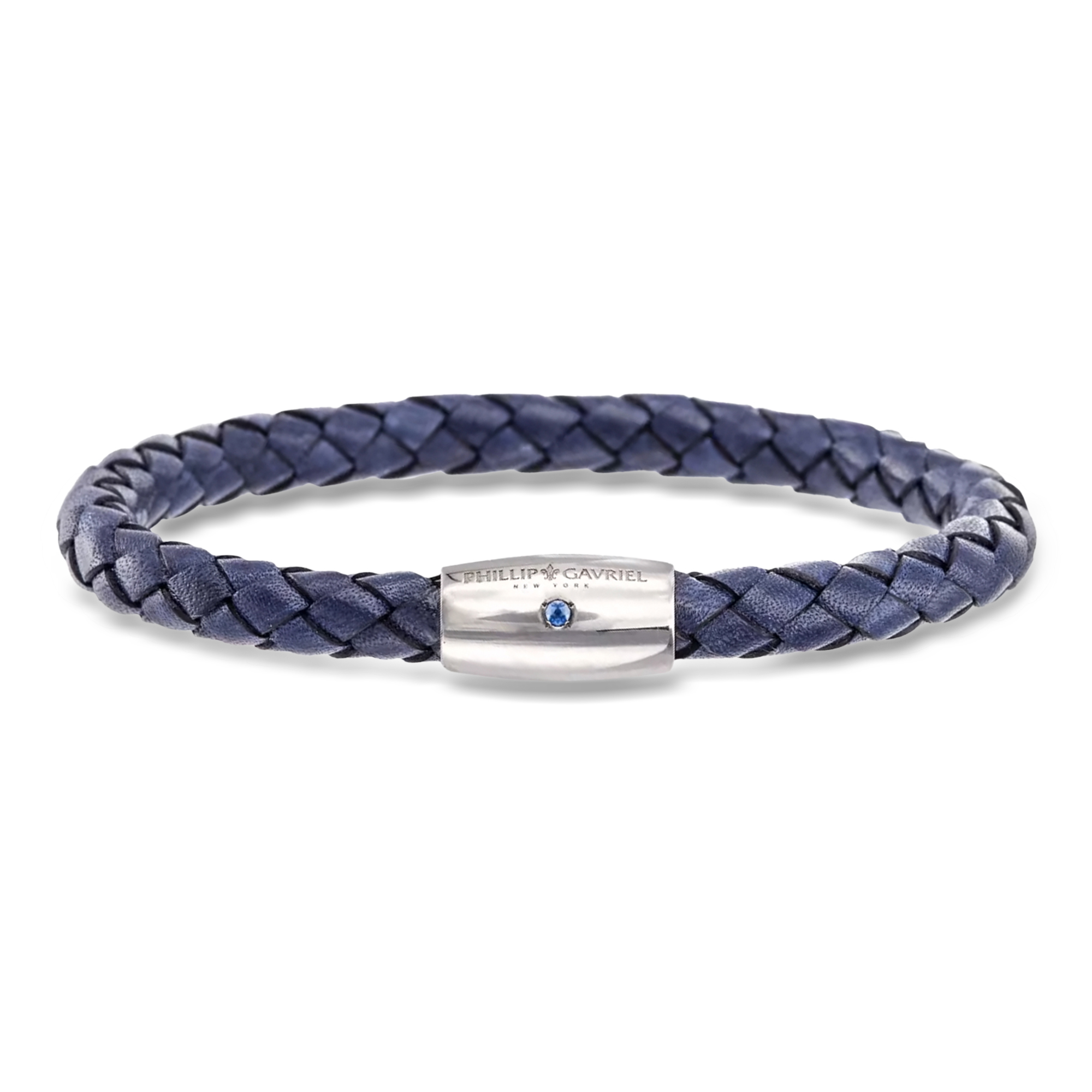 Phillip Gavriel Men's Blue Leather Bracelet with Single Sapphire in Sterling Silver