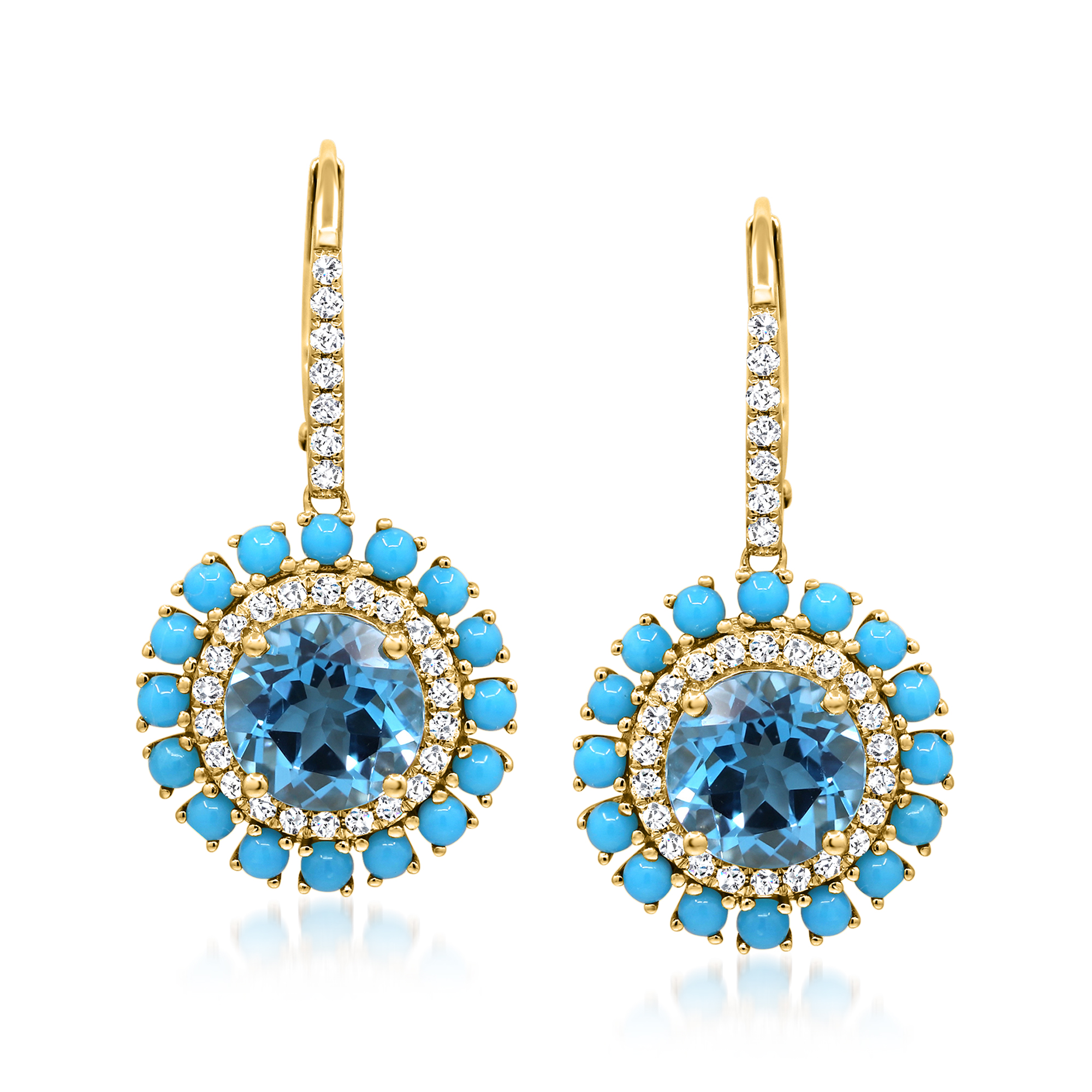 430 ct tw Swiss Blue Topaz and 41 ct tw Diamond Drop Earrings with Turquoise in 14kt Yellow Gold